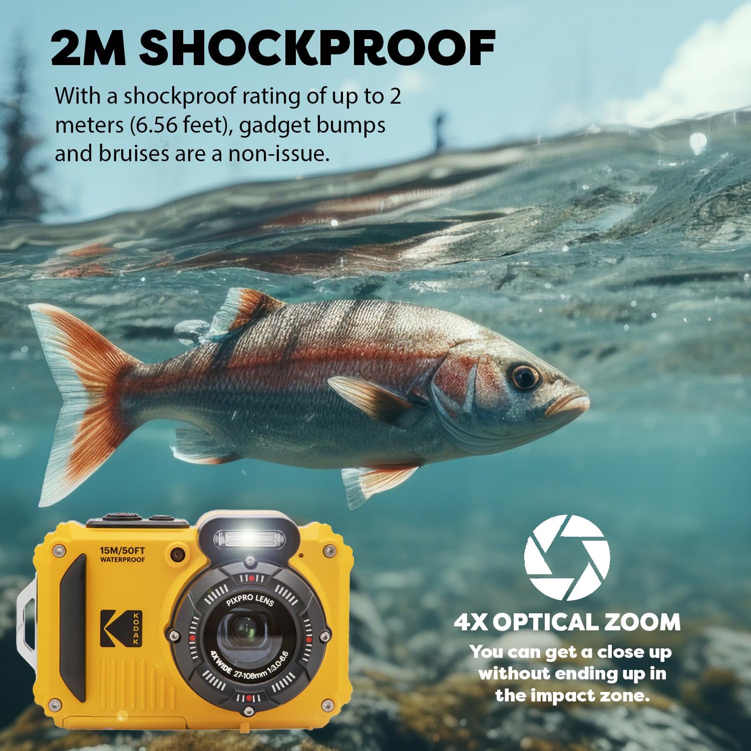 Kodak PIXPRO WPZ2 Rugged Waterproof Shockproof Digital Camera 16MP 4X Optical Zoom 1080P Full HD Video  2.7 LCD (Yellow)  32GB SD Card  Black Compact Case  Floating Strap  Bundle (7 Items)