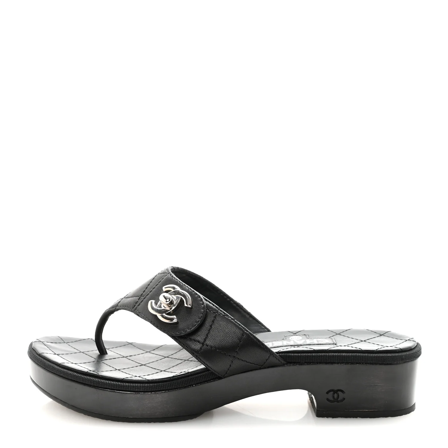 Lambskin Quilted Turnlock CC Platform Thong Sandals 39 Black