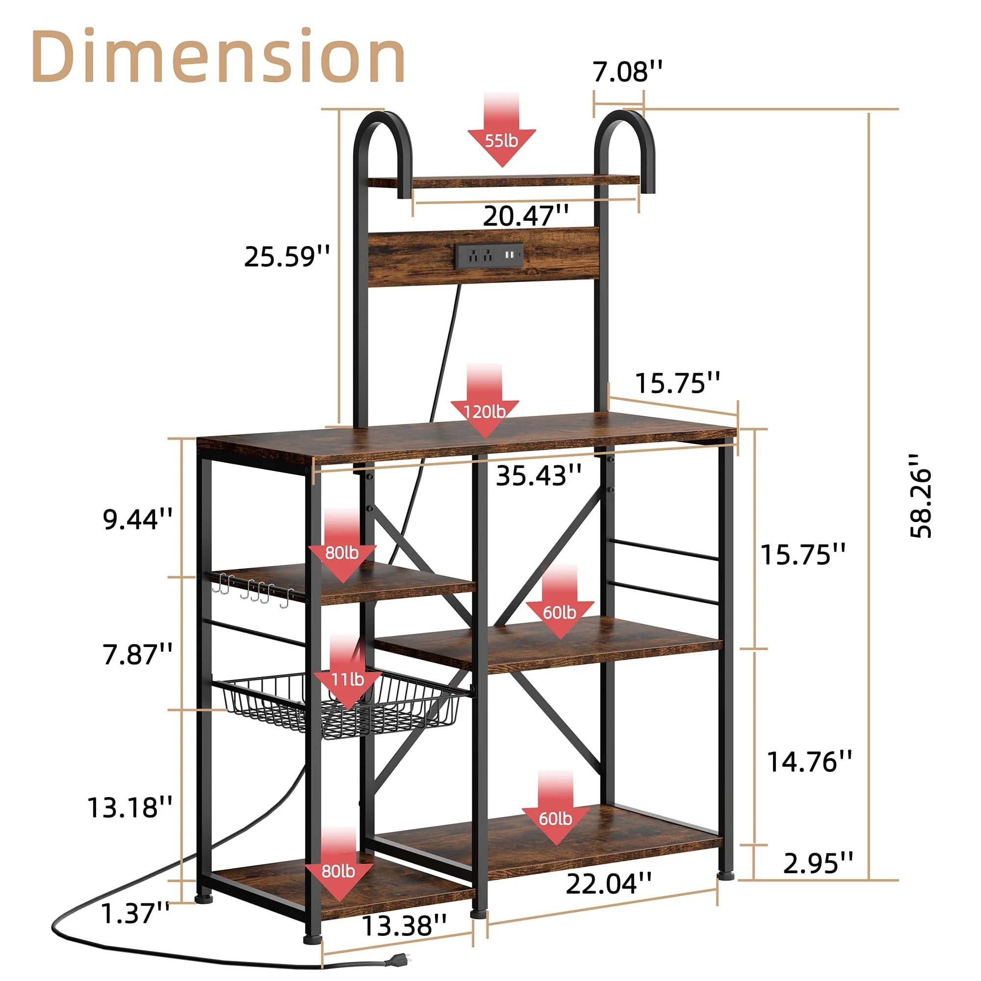 Walsunny Kitchen Bakers Rack with Power Outlet,Industrial Kitchen Island Storage Shelf with 6 Hooks 6 Tier Rack(no power Outlet/Gray)