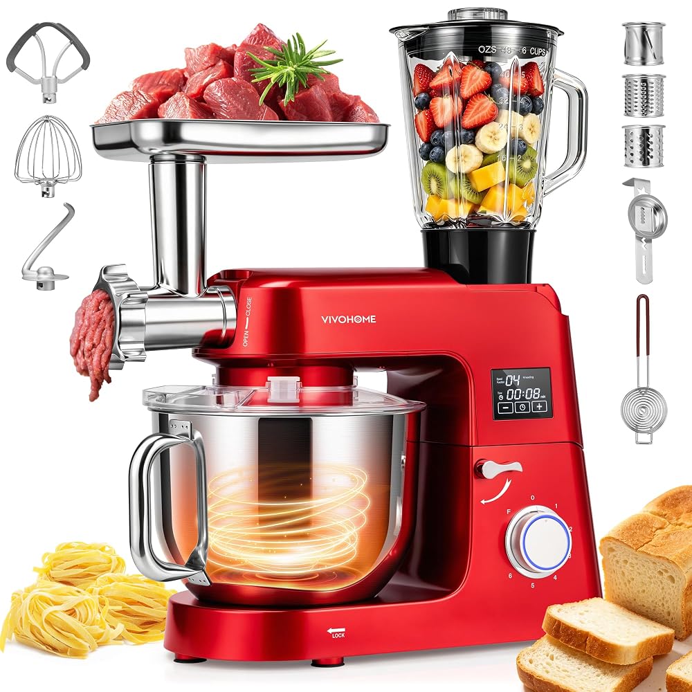 VIVOHOME 9-in-1 Stand Mixer with Fermentation & Timer, 7.5-Quart, Red