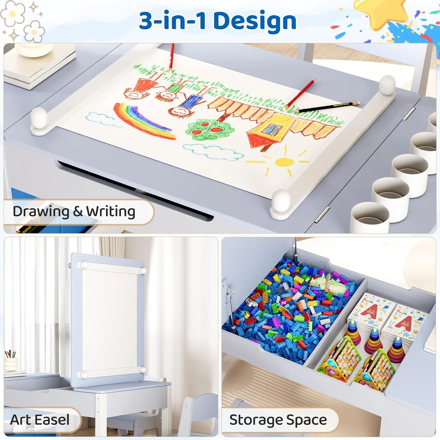Kids Art Table and 2 Chairs Set, 2 in 1 Easel Toddler Craft Table and Chairs Set with Storage Bins, Paint Cups and Paper Roll, Activity Table Set for Children 3+(Blue) - Image 9
