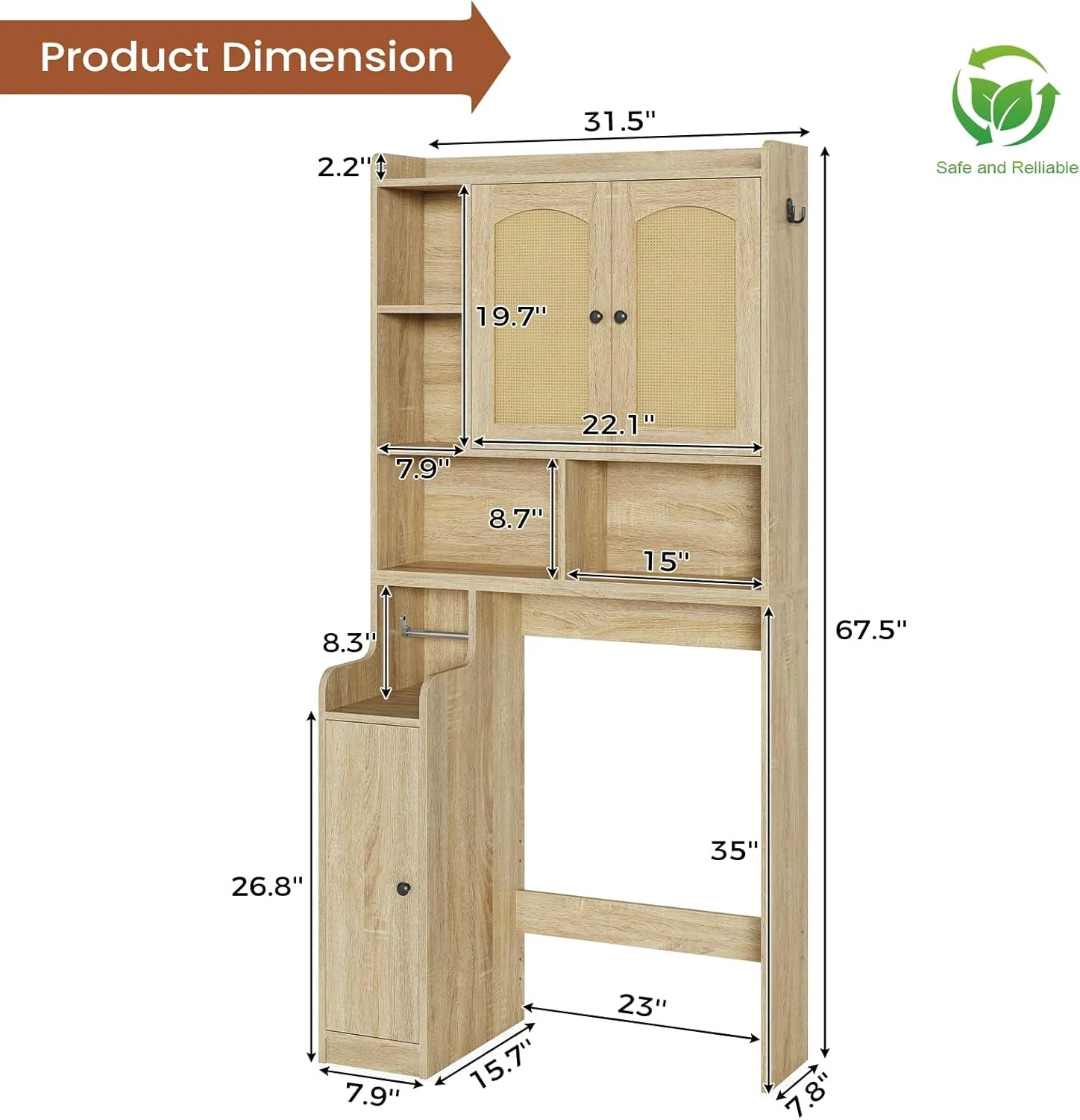 Over the Toilet Storage Cabinet with 3 Doors, Farmhouse Space Saver for Bathroom Organizer with Paper Holder, 10 Shelves and Hooks, 7 - Tier Over Washing Machine Cabinet for Laundry, Bathroom, Natural