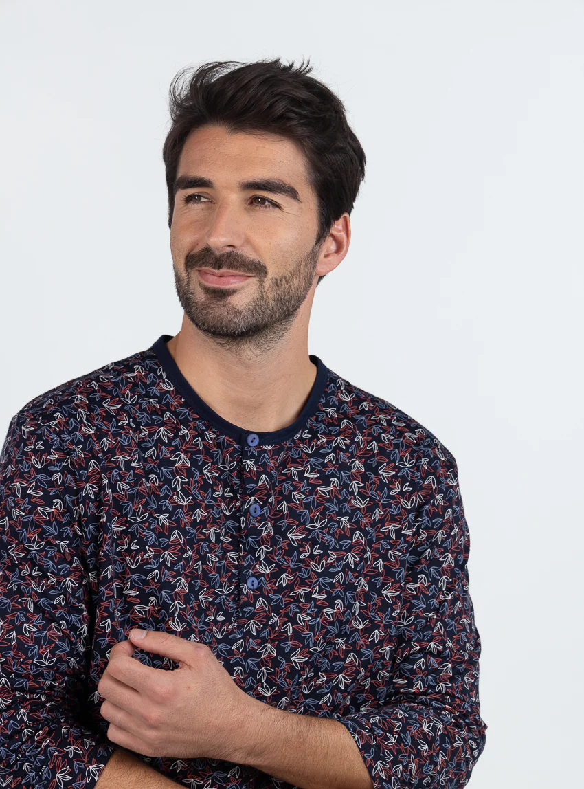 Pyjama homme en coton  imprimé feuilles rouges