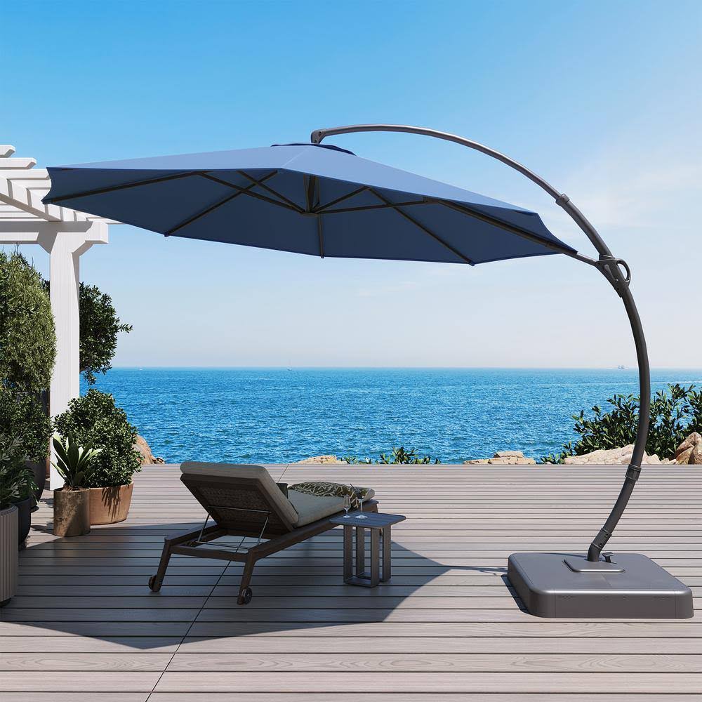 LAUSAINT Home 11ft Deluxe Patio Umbrella with Base, Outdoor Large Hanging Cantilever Curvy Umbrella with 360, Navy Blue, Size: 11'