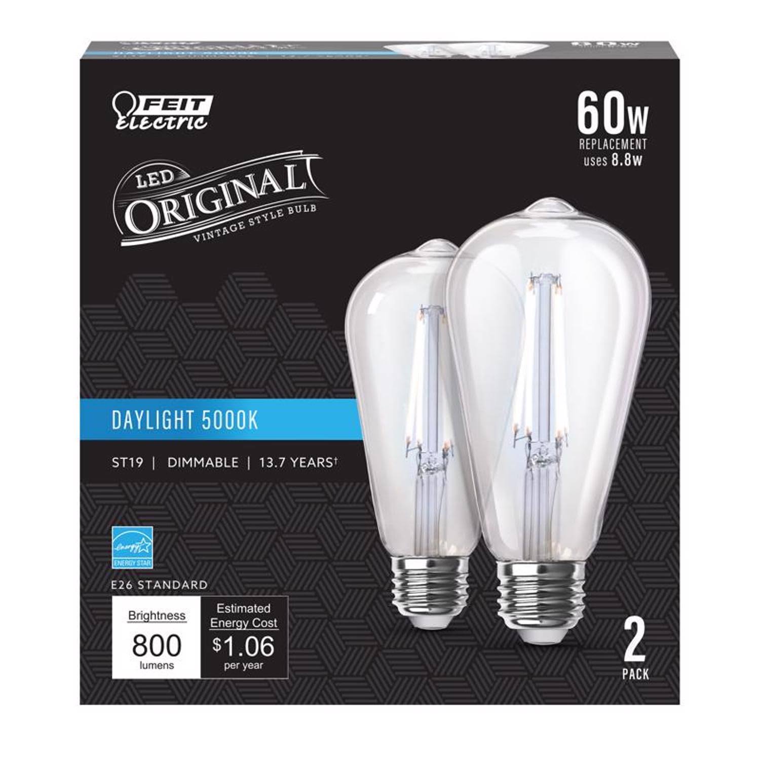 Feit ST19 E26 (Medium) Filament LED Bulb Daylight 60 Watt Equivalence 2 Pk