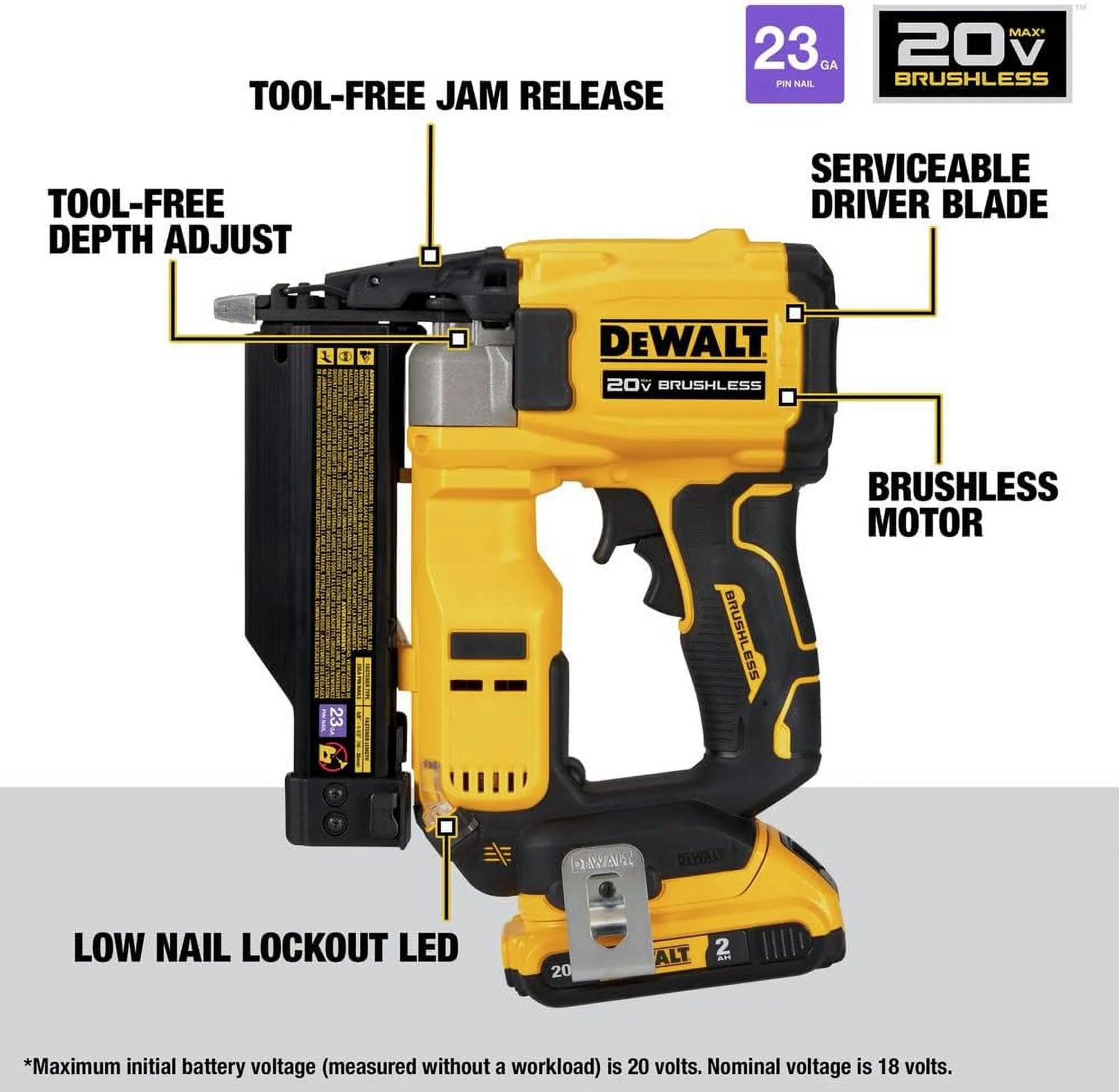 DCN623D1 20-Volt MAX Atomic Compact Cordless Pin Nailer Kit, Brushless Motor, 23 Gauge, Battery Quantity 1(1) - Image 4