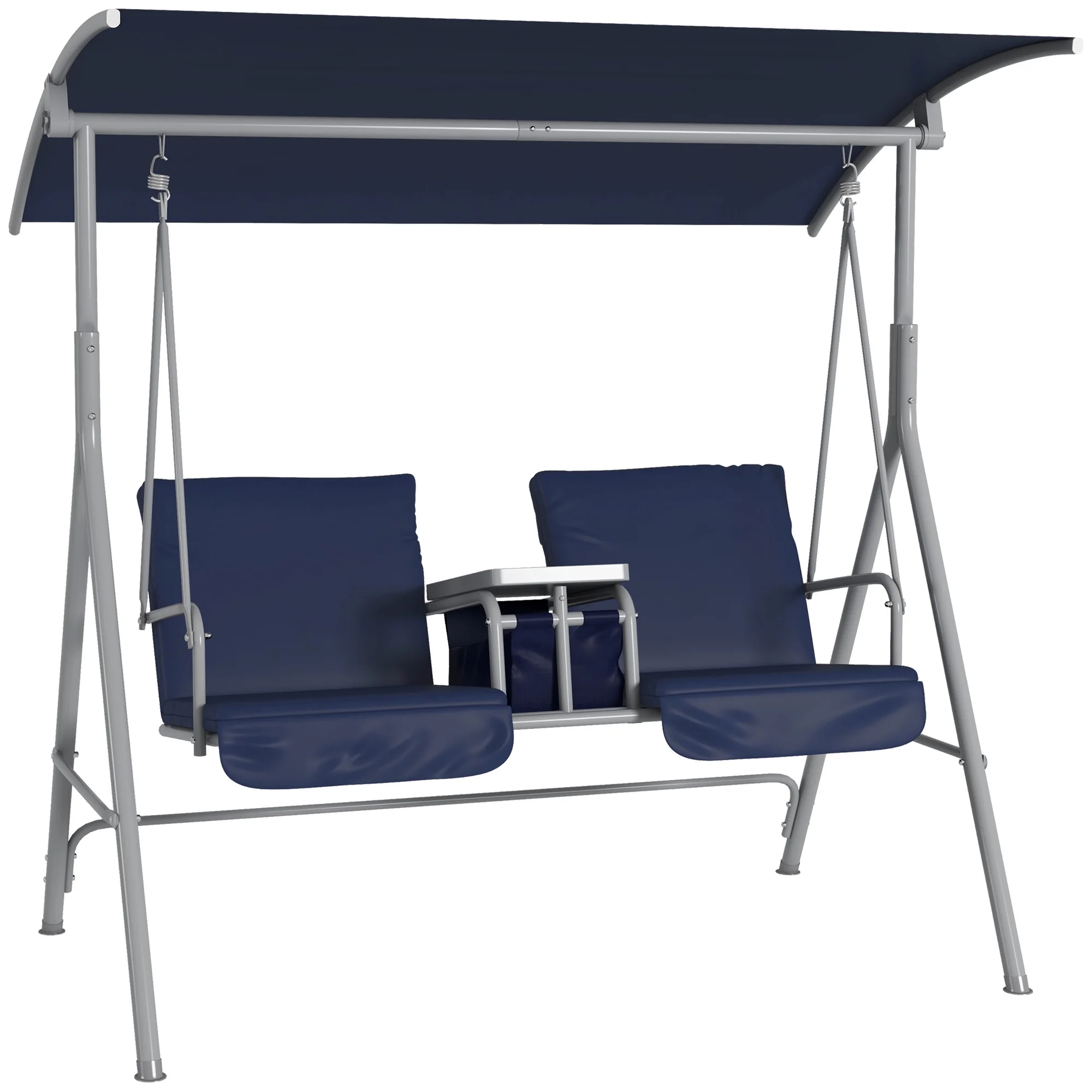 2 Person Porch Swing with Stand, Outdoor Swing with Canopy, Pivot Storage Table, 2 Cup Holders, Cushions for Patio, Backyard, Dark Blue(Dark Blue) - Image 2
