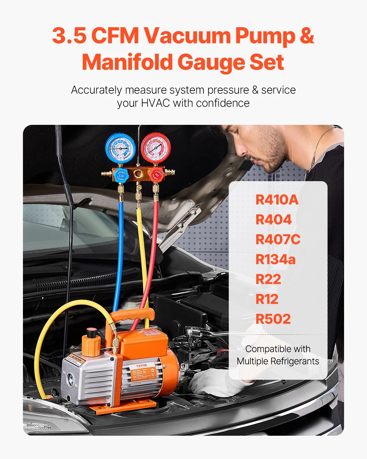3.5 CFM AC Vacuum Pump and Gauge Set,Single Stage Rotary Vane HVAC Air Vacuum Pump,A/Cnbsp;Refrigerantnbsp;Manifold Gauge Kit, with Hoses,for R134a,R12,R22,R502a,R410A,R404,R407C Refrigerants - Image 9