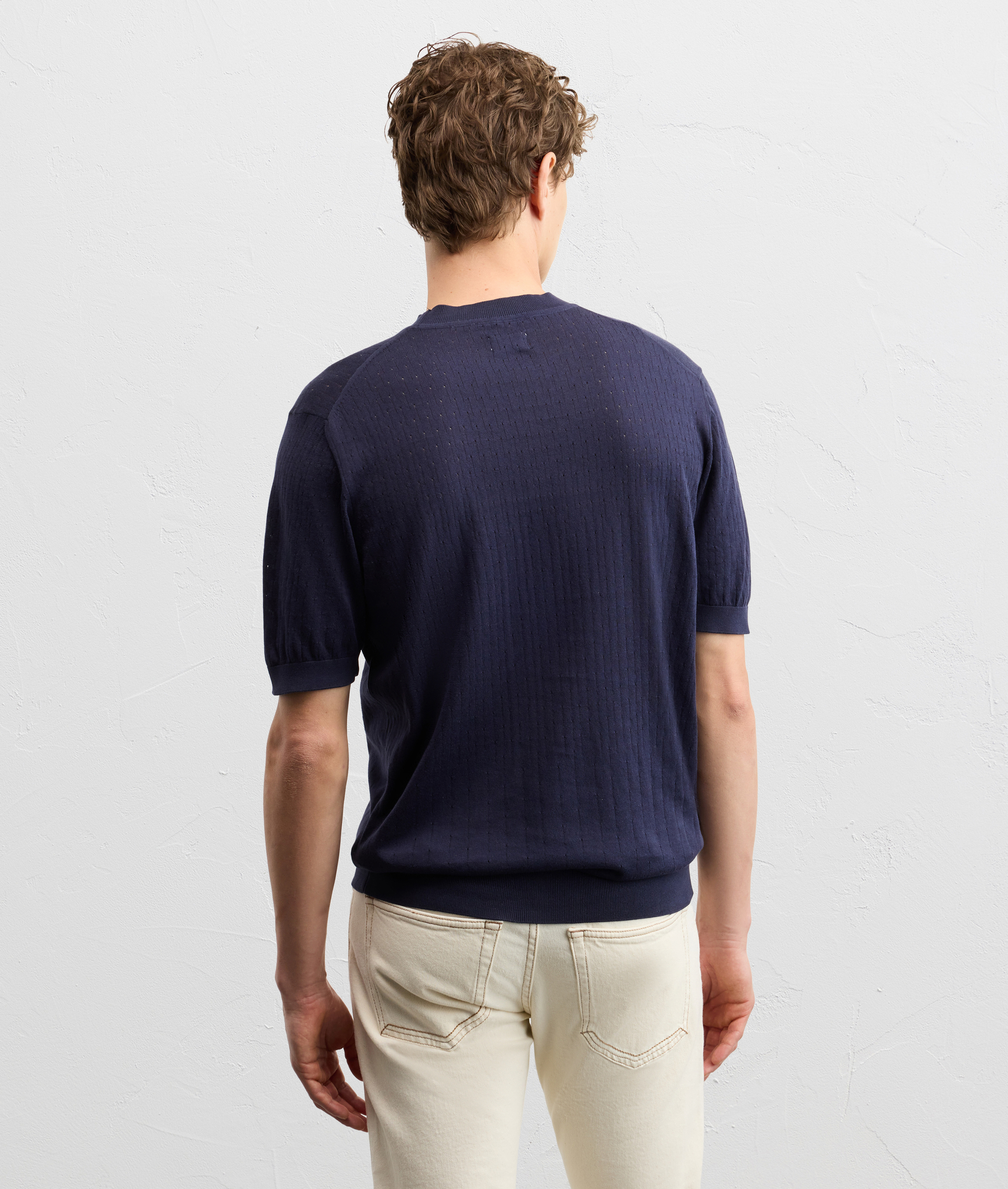 NAVY BLUE COTTON KNIT T SHIRT WITH SHORT SLEEVES AND DEGRADE STITCHING