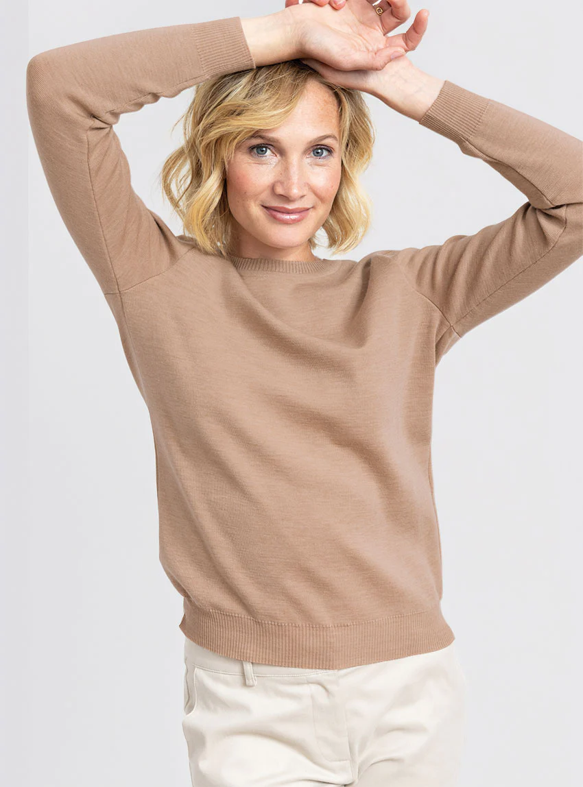 Pull femme en laine mérinos col rond beige