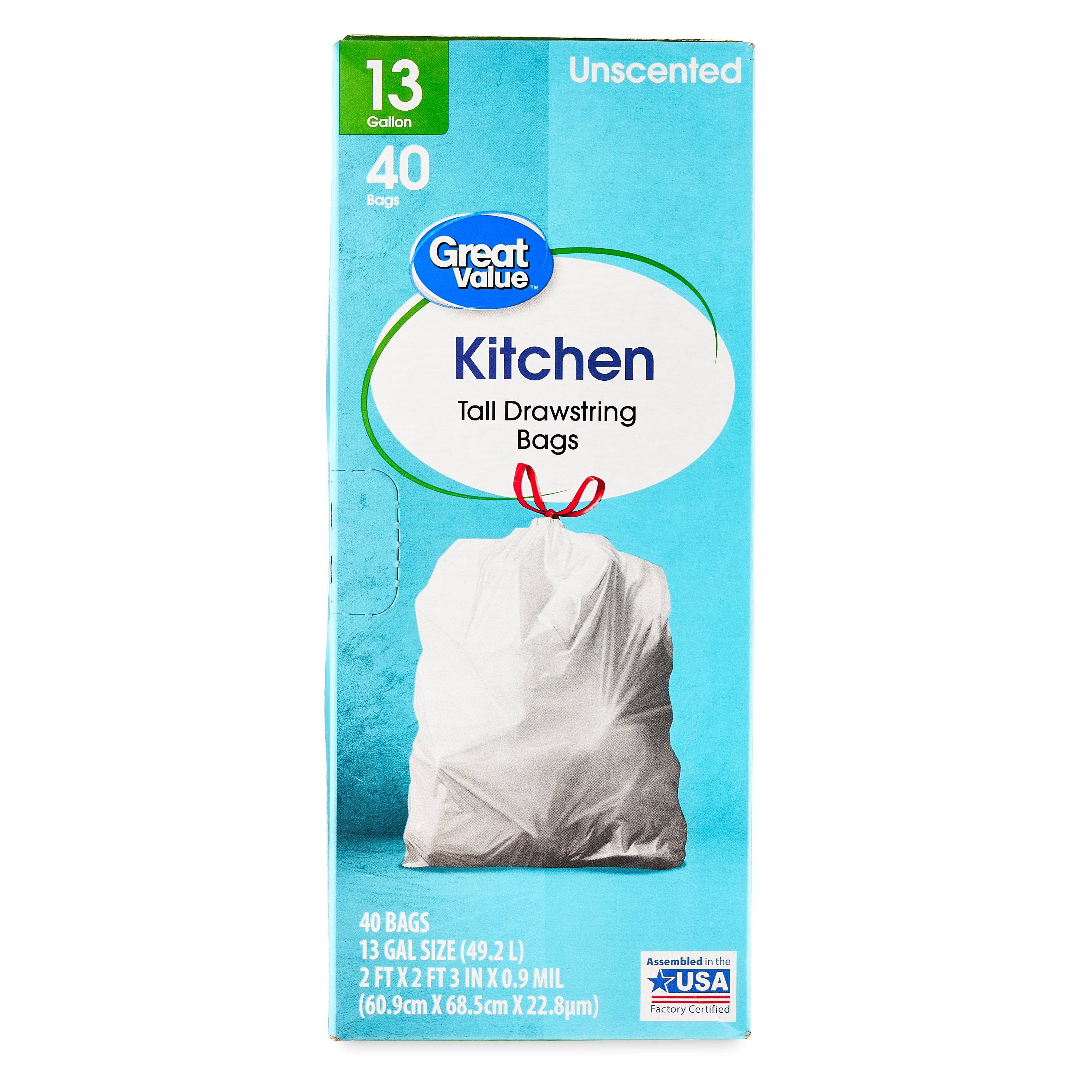 Great Value Drawstring Bags, Tall, Unscented, Kitchen, 13 Gallon - 40 ea