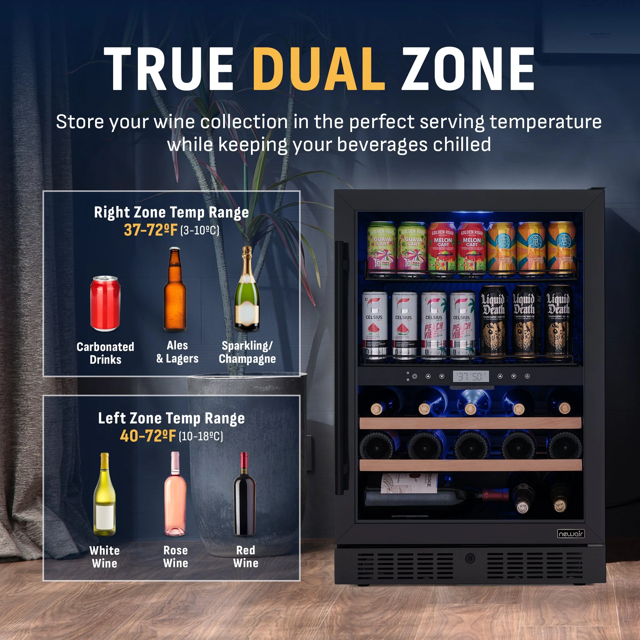 Newair 100-Can, 24-Bottle Built-in Dual Zone Black Beverage Fridge - 24