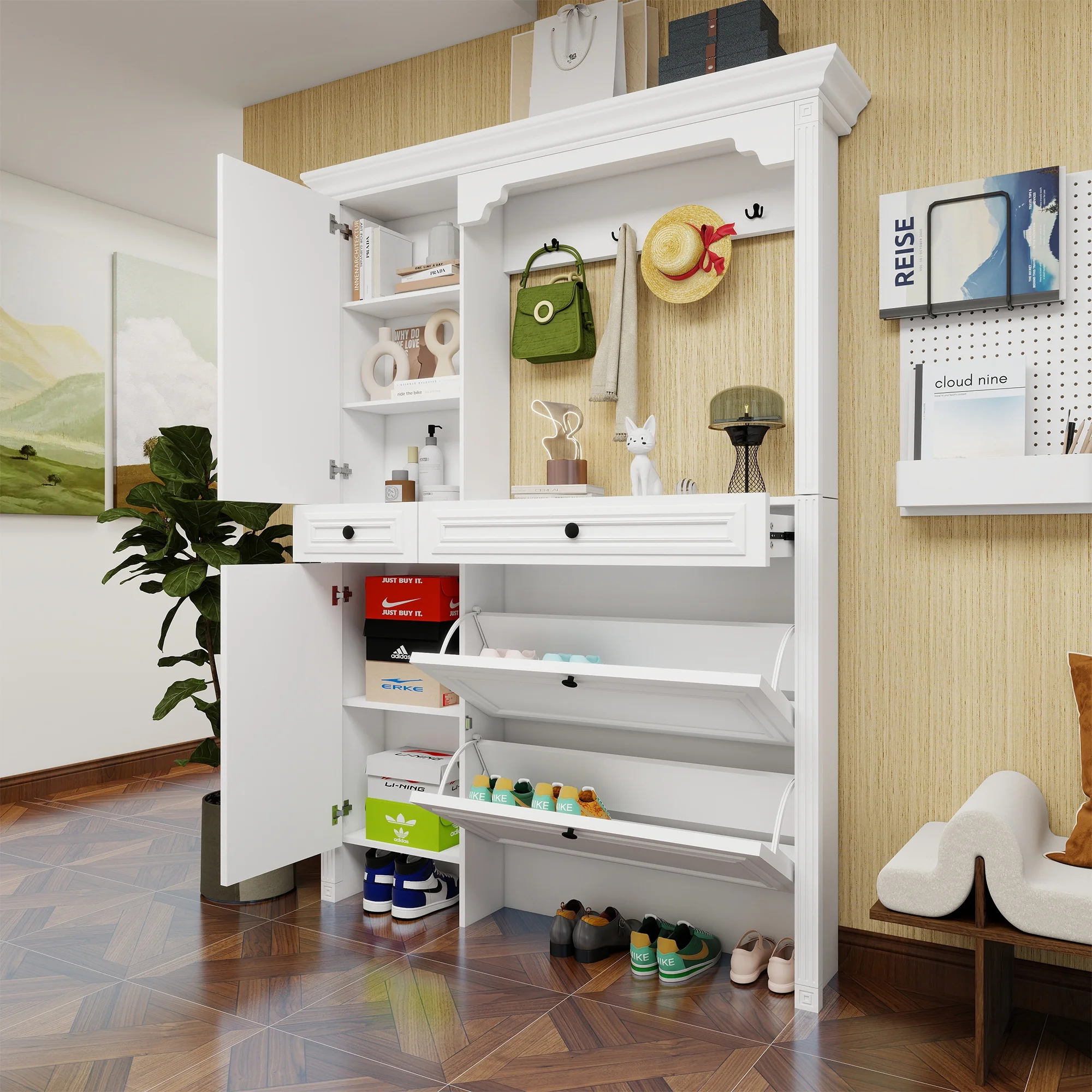 Entryway Bench with Coat Rack,4-in-1 Design Hall Tree with 2 Doors and 2 Drawers,Mirrored Cabinet Door,Shoe Cabinet Storage for Entryway,Living Room,White