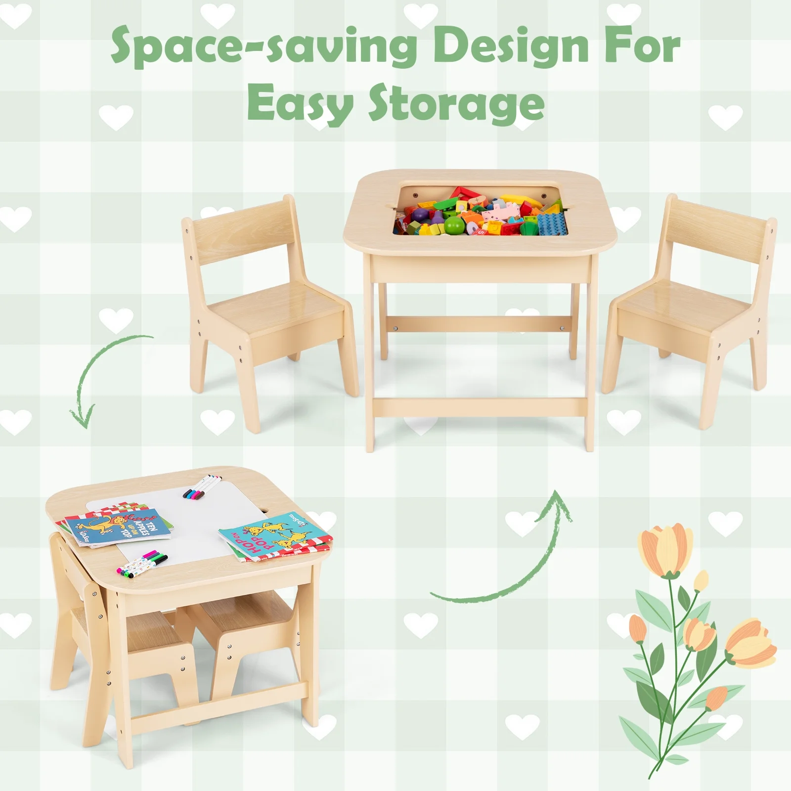 Kids Table and Chair Set, 3 in 1 Wooden Activity Table with Removable Tabletop, Blackboard and Whiteboard for Toddlers Arts Crafts Drawing Reading Playing, Playroom Nursery (Natural)(Natural) - Image 5