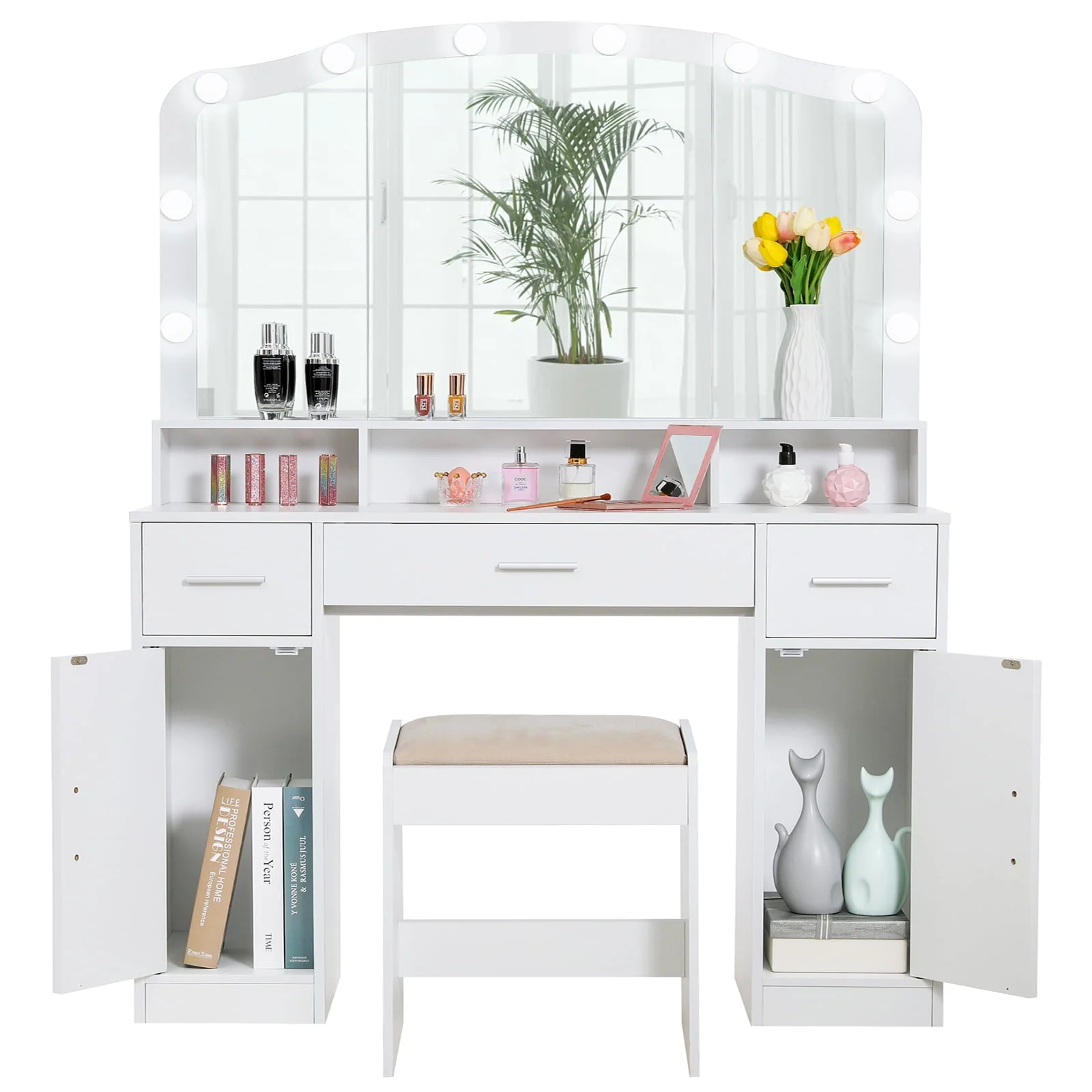 USIKEY Large Vanity Set with Large Lighted Mirror, Modern Makeup Vanity Table with 3 Drawers, 2 Storage Cabinets 10 LED Bulbs and Cushioned Stool for Women, Bedroom, WhiteSZT32WD(Gray) Image 5