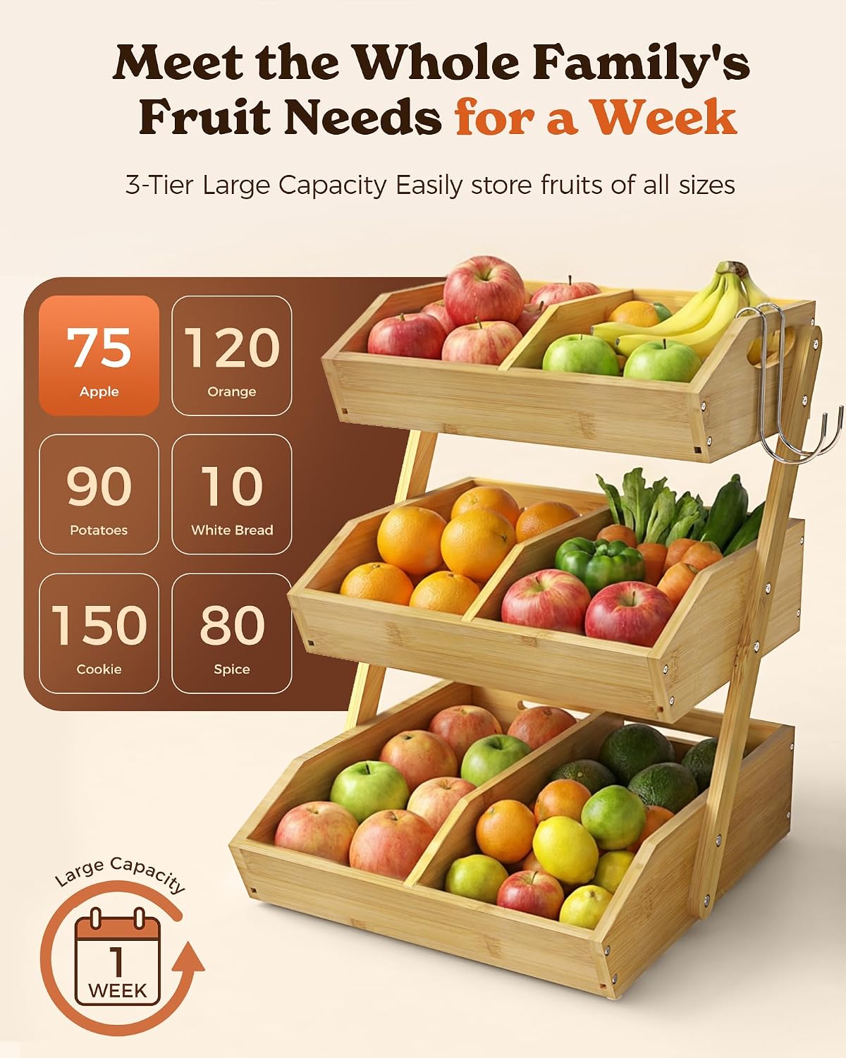 Sevenblue 3-Tier Bamboo Fruit Basket with 2 Banana Holders
