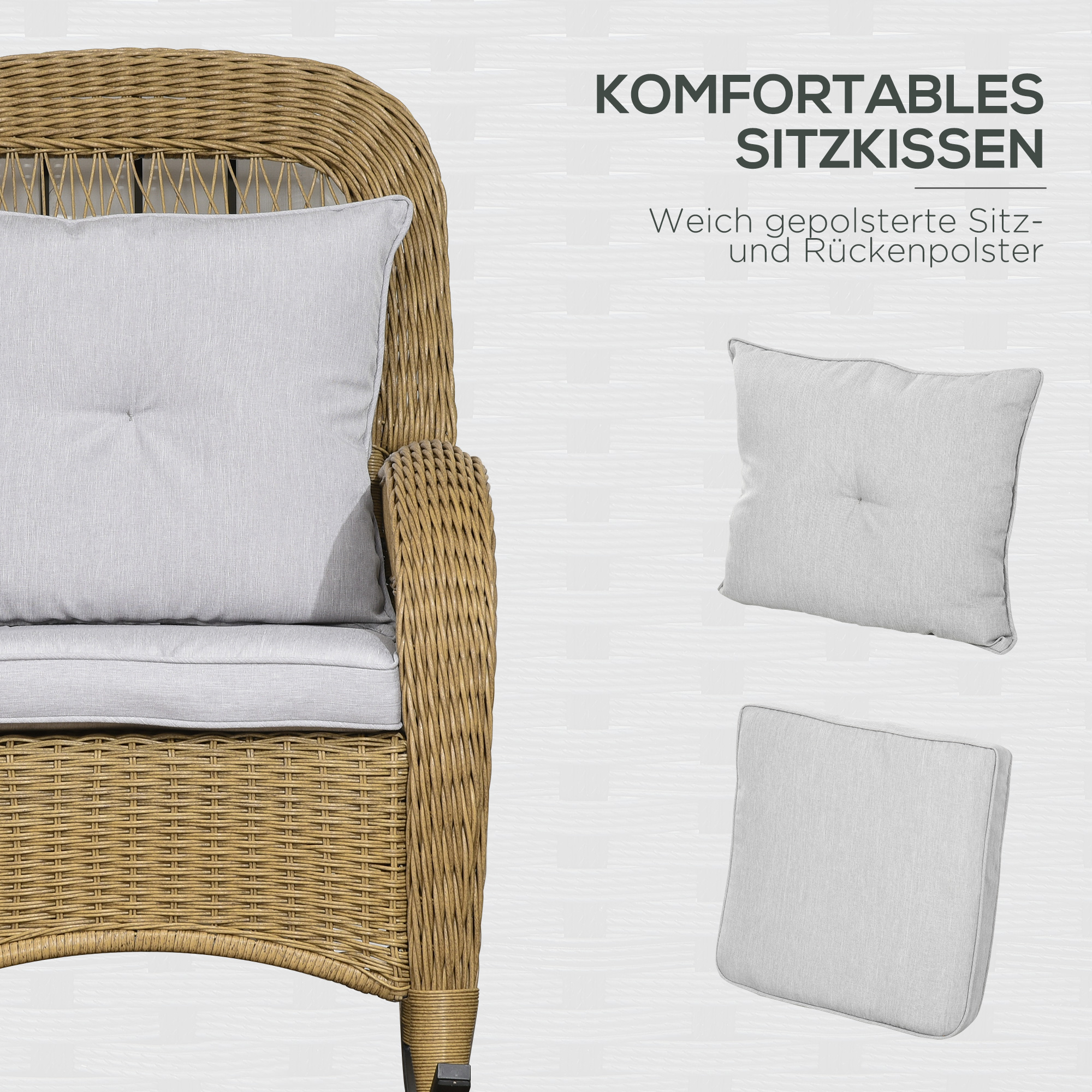 Outsunny schommelstoel in boho-stijl, PE-rotan, rotan schommelstoel, wasbare meubelhoezen, naturel + lichtgrijs