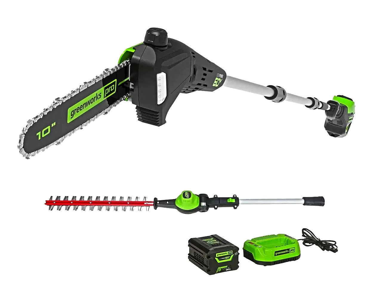 60V 10" Cordless Pole Saw 20" Pole Hedge Trimmer Combo Kit + 2.0 Ah Battery Charger - Image 2