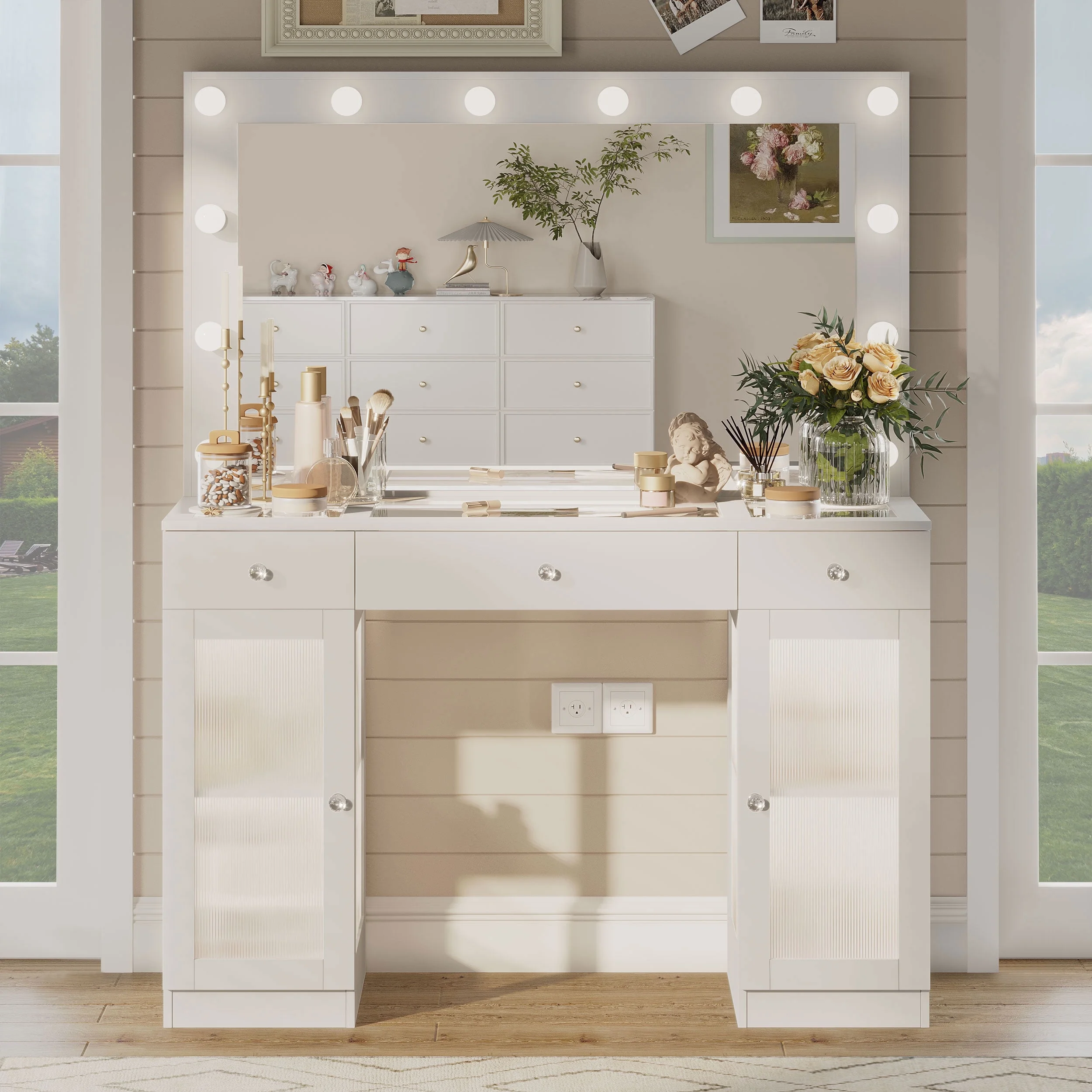 Vanity Desk with Mirror and Lights,3 Drawers and Power Outlet Makeup Vanity for Women,White - Image 3