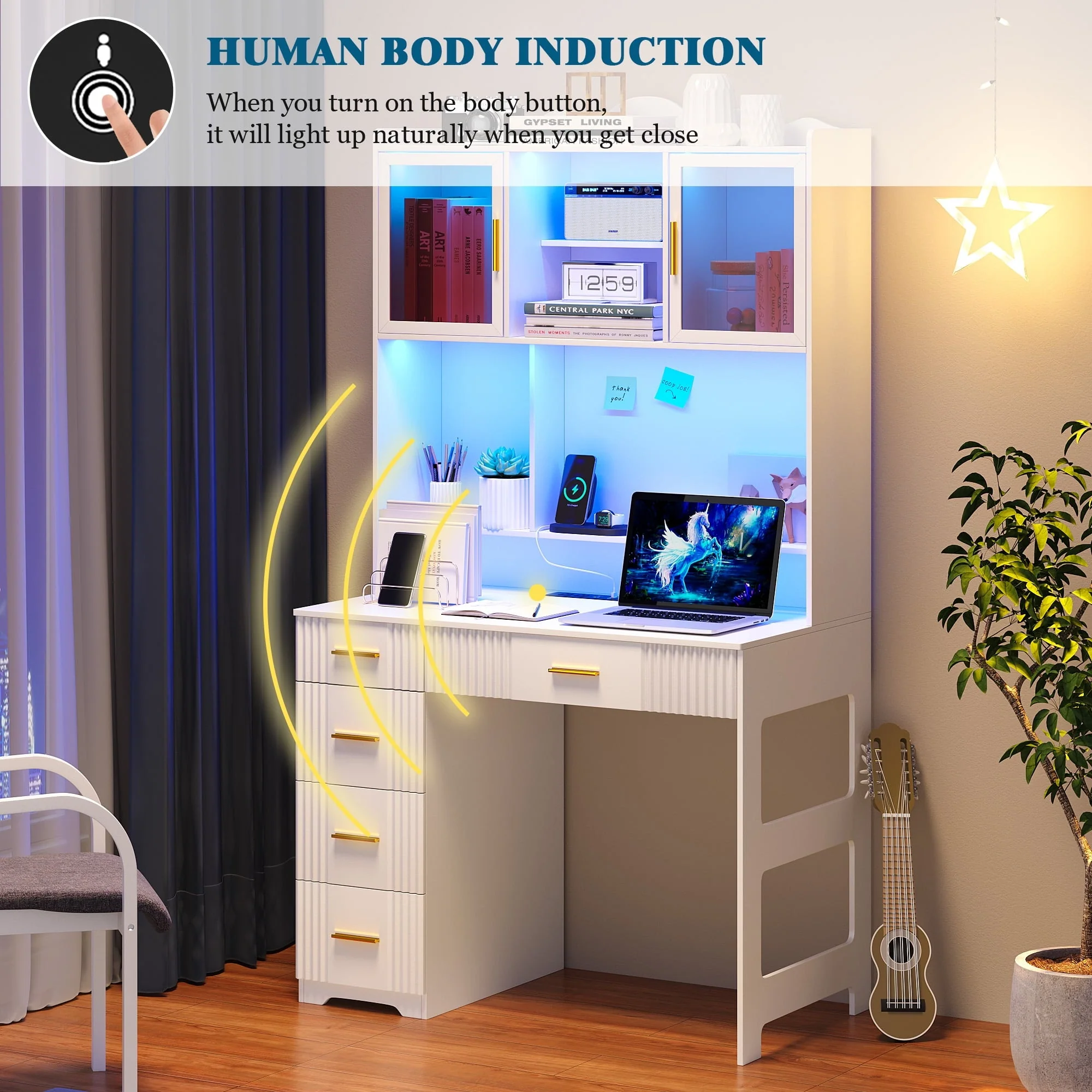 LED Study Desk with Hutch and Drawer, Home Office Desk with Outlet, Computer Desk with Charging Station, Writing Desk for Bedroom, Workstation for Small Space(White) Image 6