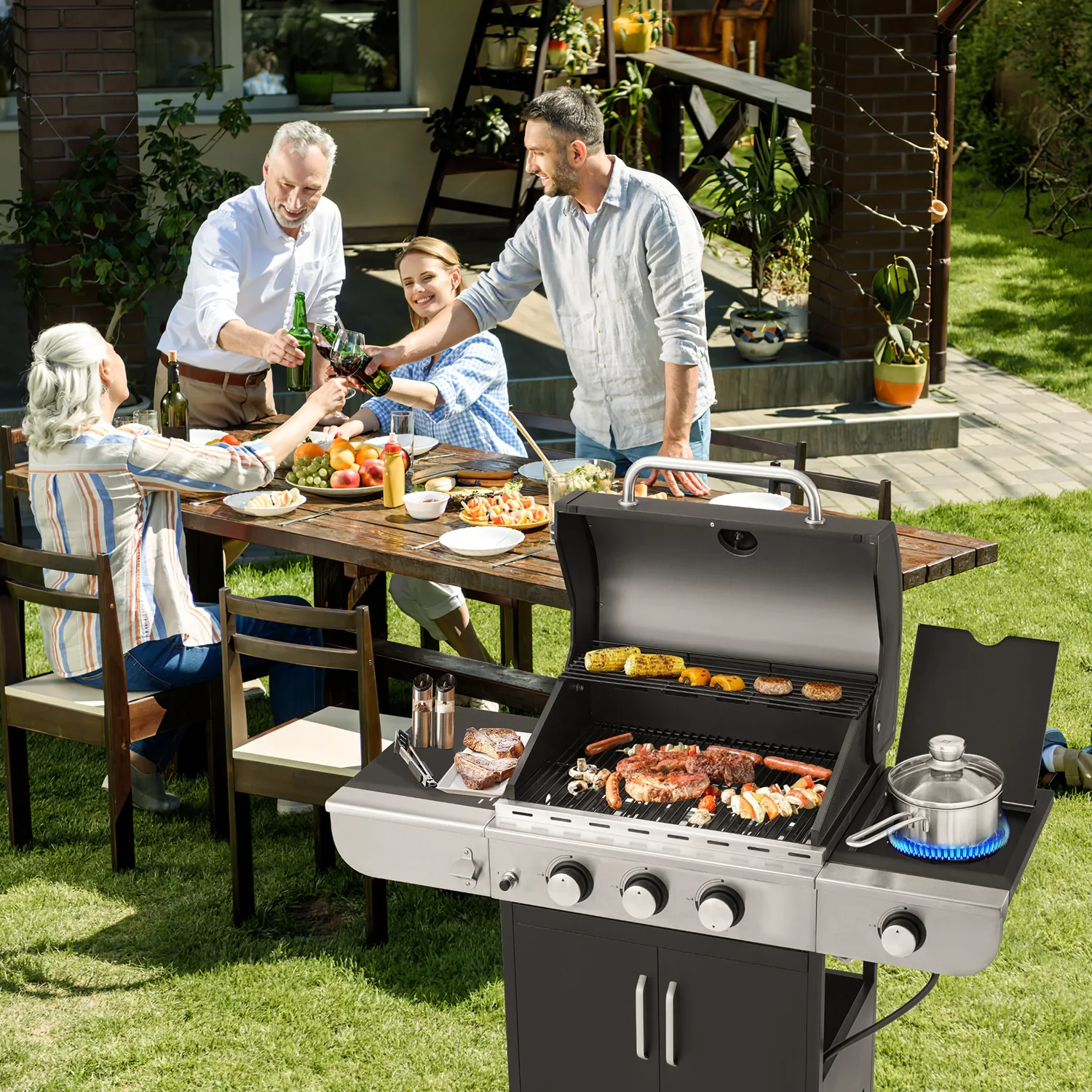 3 Burner BBQ Propane Gas Grill��24,000/36,000 BTU Stainless Steel with Stove and Side Table