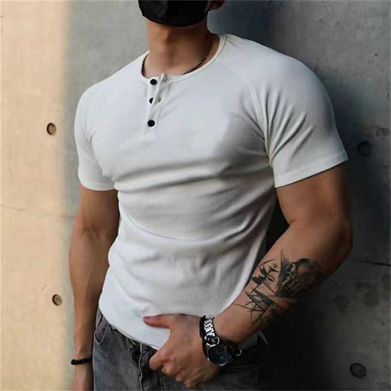 T-shirt Henley uni à col rond, coupe slim et décontracté pour homme