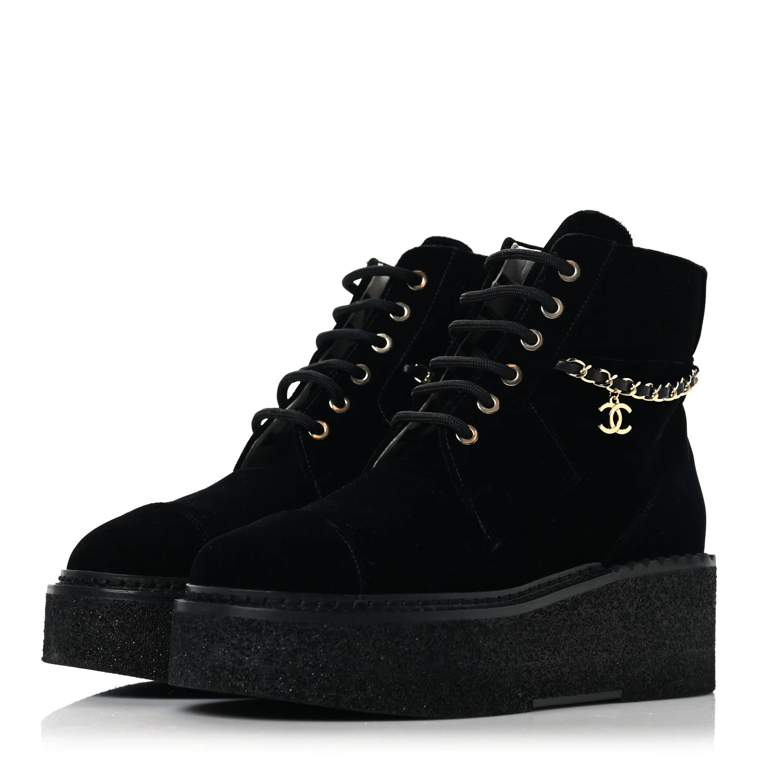 Velvet Chain Lace Up CC Short Boots 37 Black