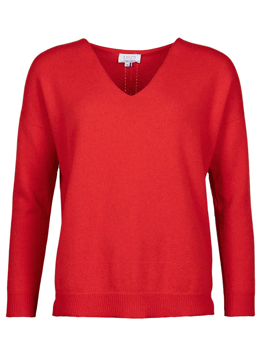 Pull femme col V laine et cachemire rouge tomate