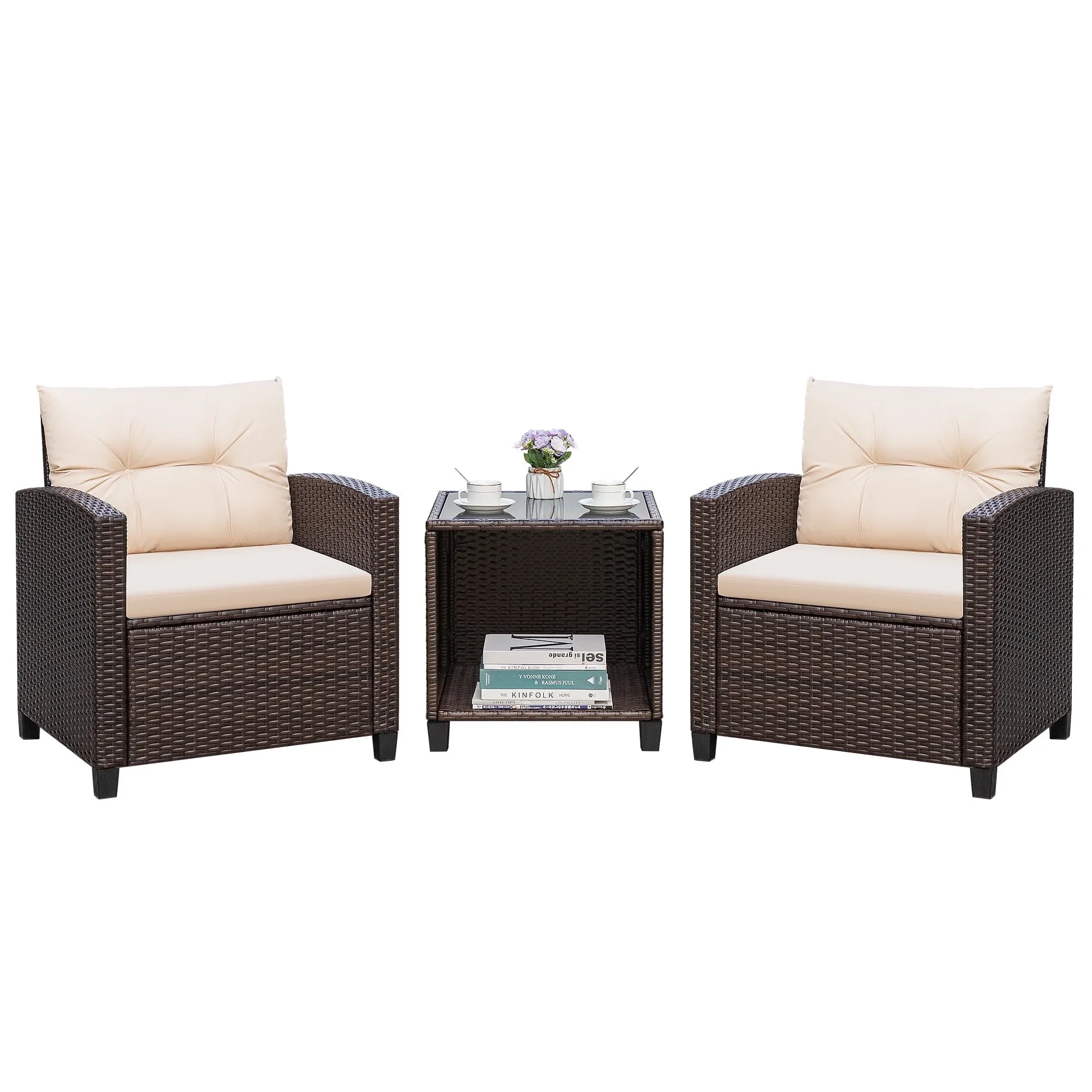 Homall 3 Piece Patio Furniture Set, Outdoor Rattan Chair with Cushion and Coffee Table, Patio Bistro Set for Balcony, Garden, Porch, Beige