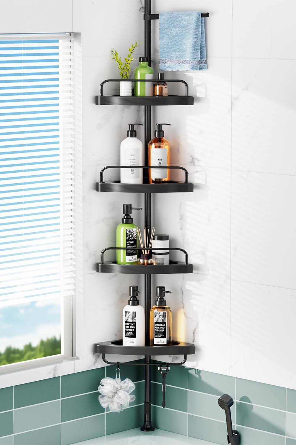 Corner Shower Caddy Tension Pole: Rust Proof 4Tier Shampoo Storage Organizer for Inside Shower - Telescoping Rod Shower Rack for Bathroom and