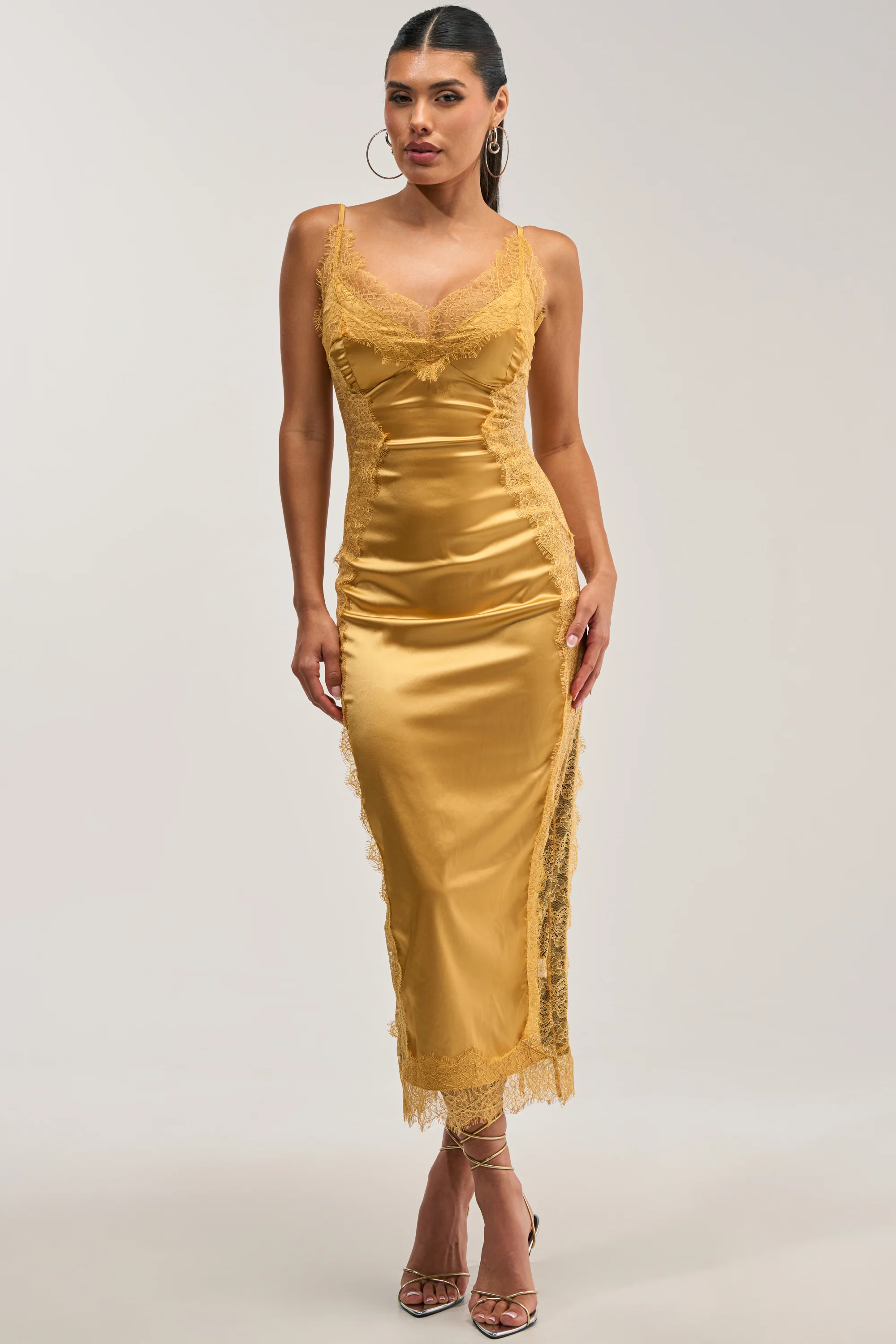 ESSENTIAL LACE TRIM SATIN SLEEVELESS MIDI DRESS IN GOLD - Akira Store