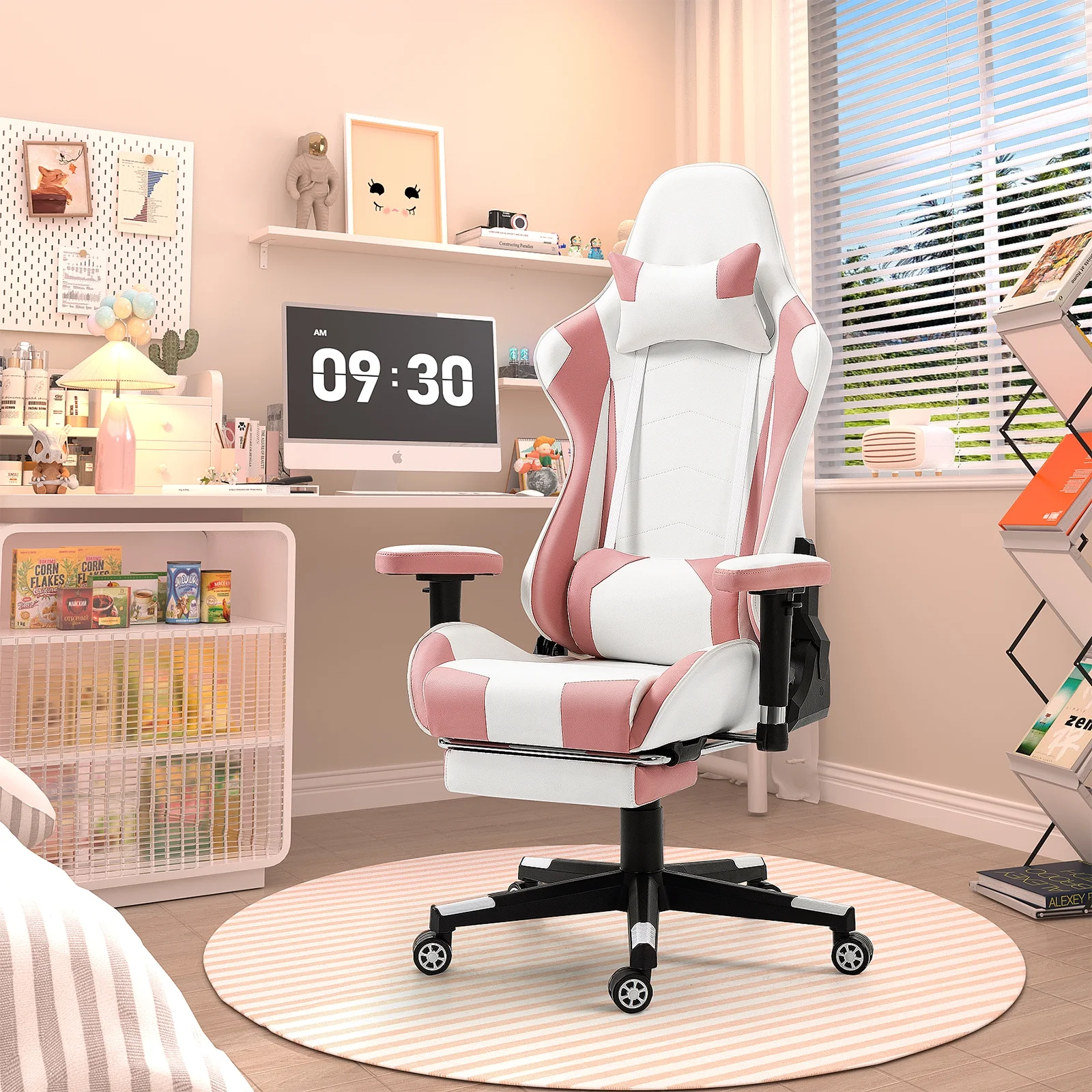 AVAWING Adult Gaming Chair, Ergonomic Leather Gaming Chair with Footrest, Lumbar Support and Headrest, Pink - White