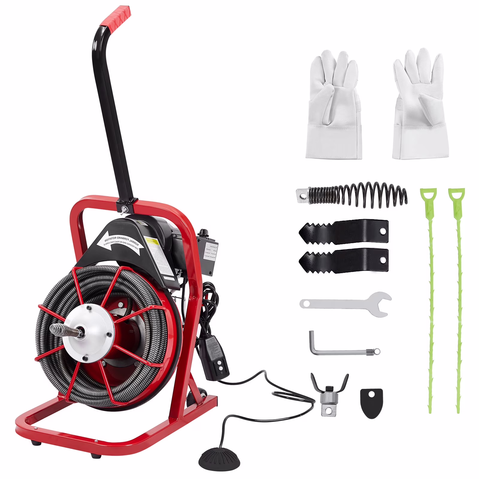 Drain Cleaner Machine 50FT/75FT/100FT x 3/8-inch/1/2-inch Sewer Auger Electric Drain Auger Sewer Snake with 4 Cutter, Air-Activated Foot Switch, Gloves(250W-50FT-1/2inch) - Image 8