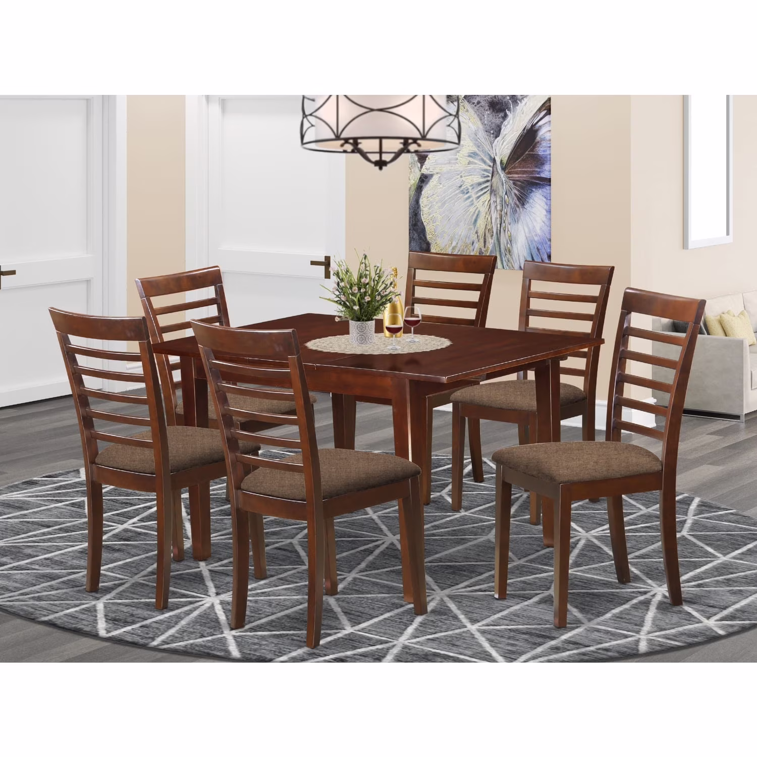 Kitchen Dinette Set - Small Dining Tables and Dining Chairs - Finish:mahogany, Number of Items:7, Shape:rectangular, Style:microfiber Seat