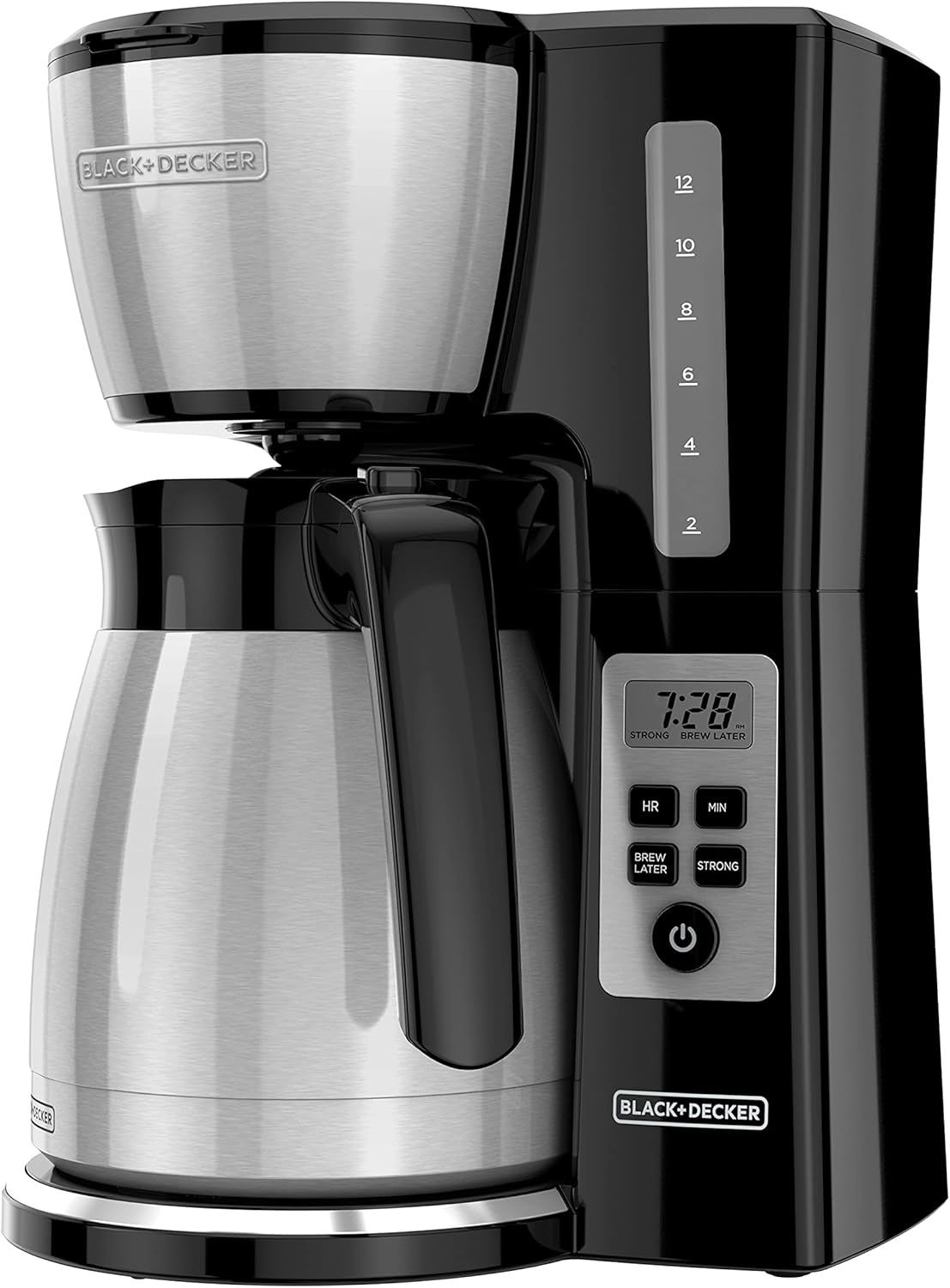 BLACK+DECKER 12 Cup Thermal Programmable Coffee Maker with Brew Strength and VORTEX Technology, Black/Steel, CM2046S| Programmable coffee maker with vortex showerhead, brew strength control and mess-free Perfect Pour spout