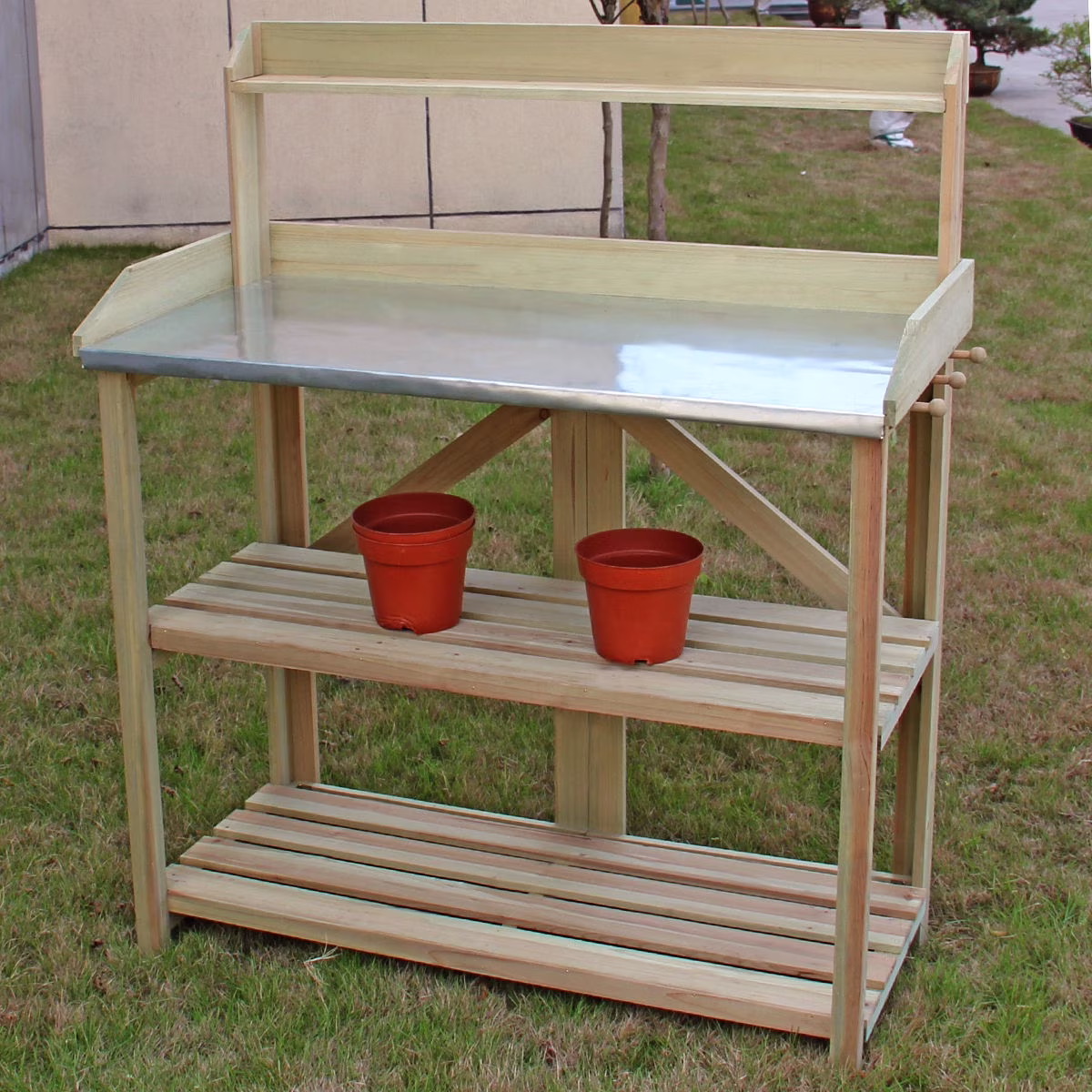 Costway Outdoor Garden Wooden Potting Work Bench Station Planting Workbench W/ 3 Shelf