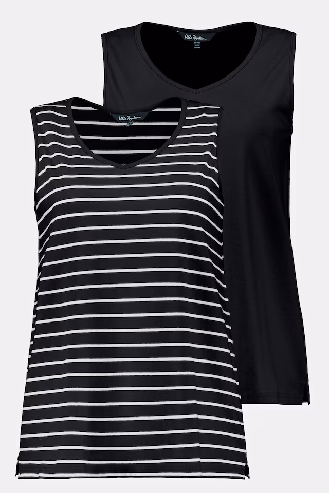 2 Pack of V-Neck Cotton Knit Tanks - Stripe, Solid