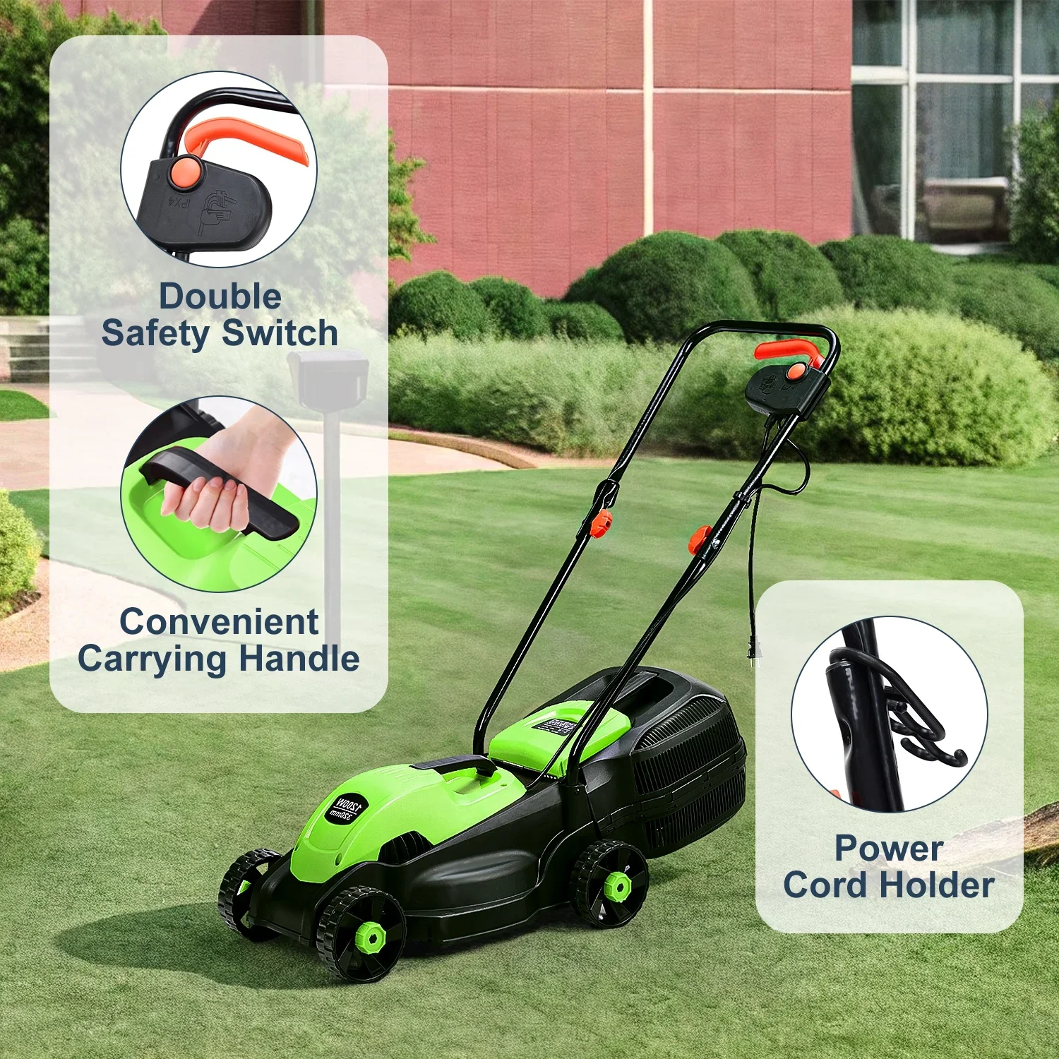 Aimee Lii 14 Inch Electric Push Lawn Corded Mower with Grass Bag for Garden Yard, Green
