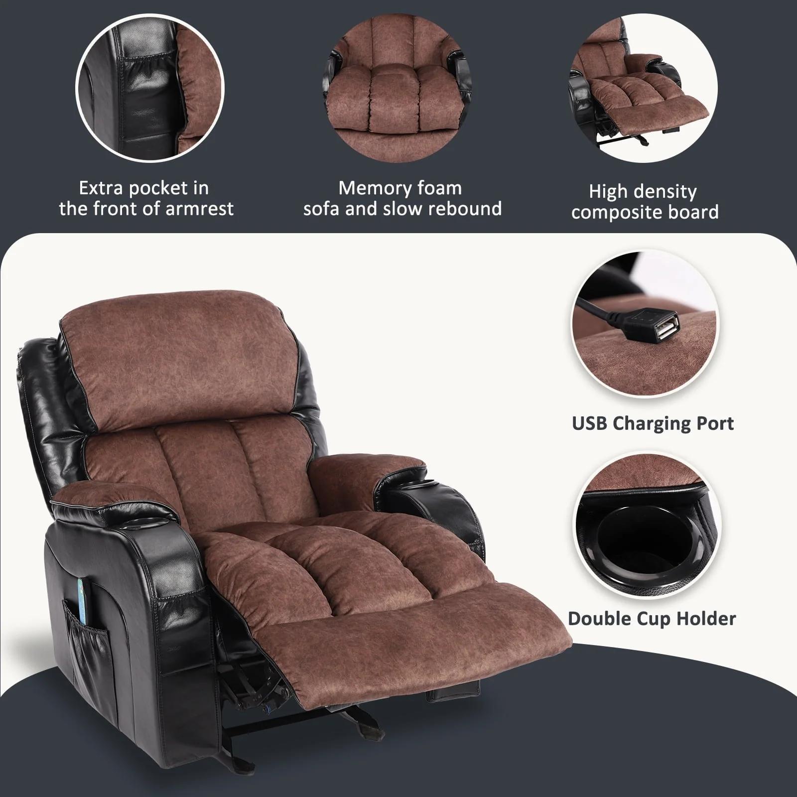 Leather Massage Recliner Chair, Modern Electric Power Rocker with Heated Massage, Ergonomic Lounge Chair, Single Sofa Seat with Drink Holders for Living Room, Black and Brown(Black) Image 7