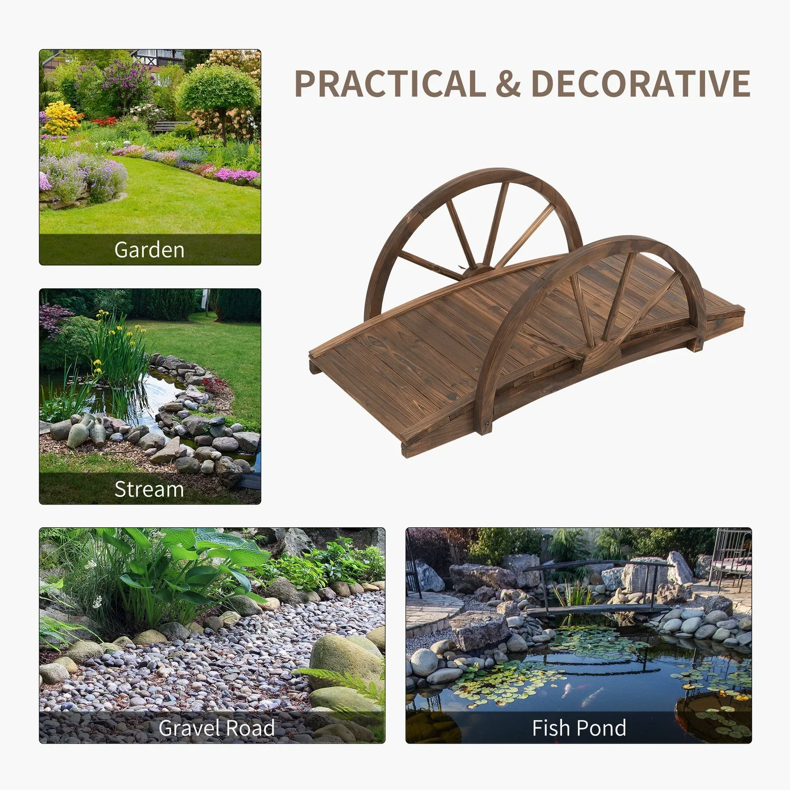 WSSYzyzf 3.3ft Wooden Garden Bridge Arc Footbridge with Half-Wheel Style Railings & Solid Fir Construction, Stained Wood