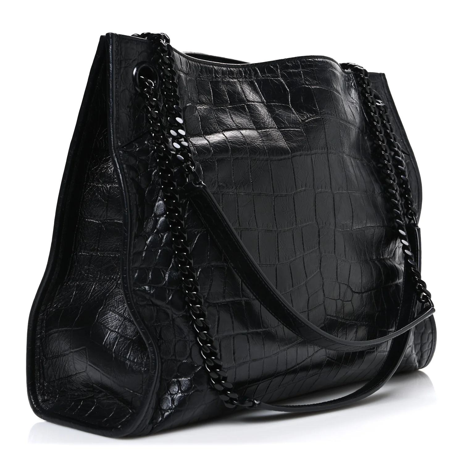 Calfskin Crocodile Embossed Monogram Medium Niki Shopping Bag Black