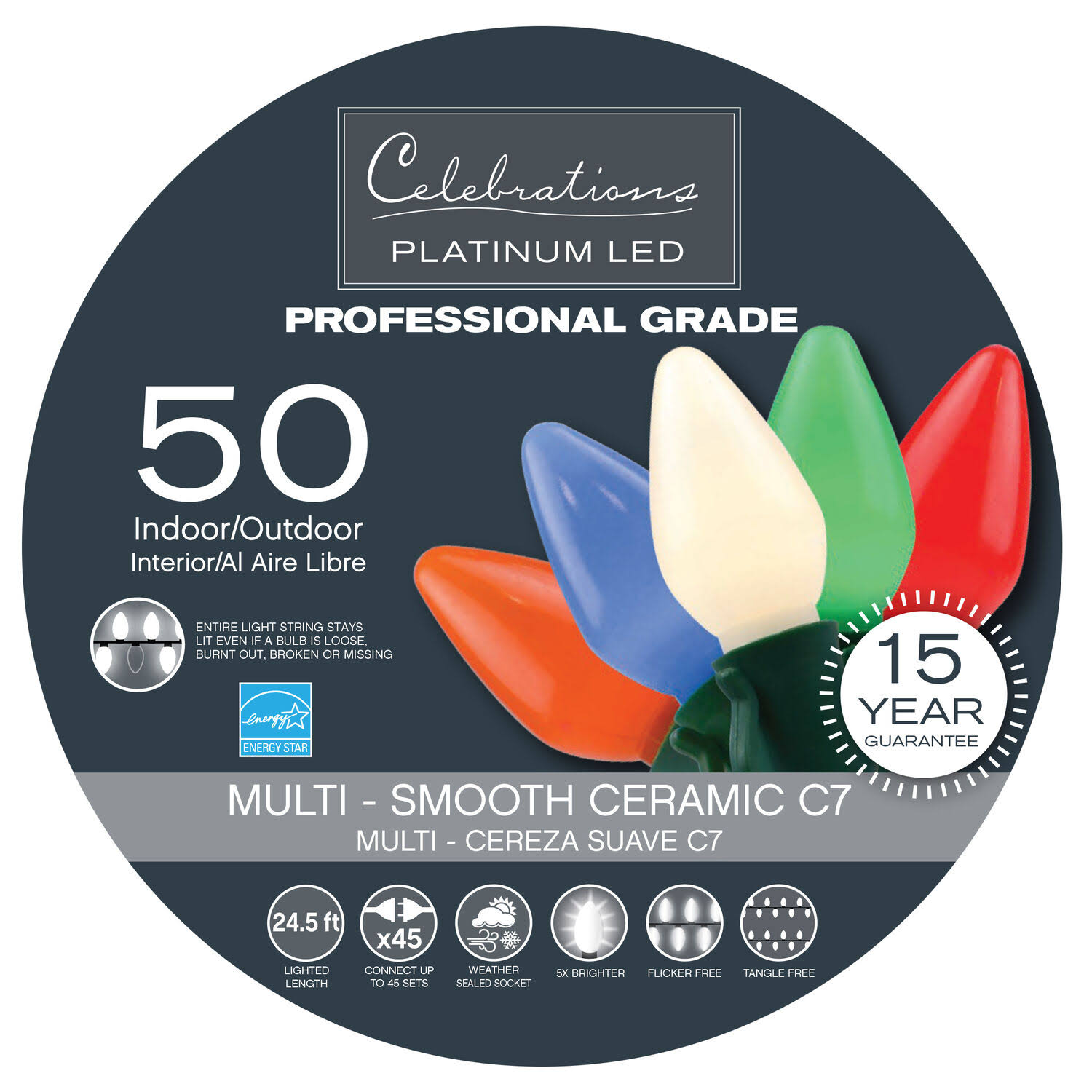 Celebrations Platinum LED C7 Multi-Color 50 Count String Christmas Lights