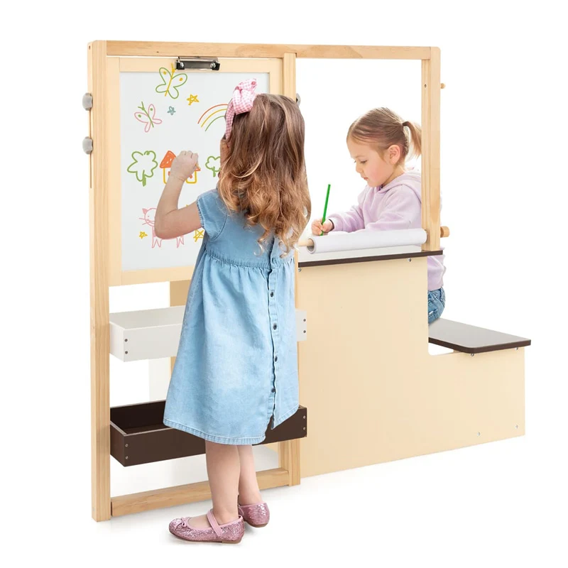 Kids Wooden Art Center Easel with Adjustable Double-Sided Blackboard & Whiteboard, Paper Roll, Toddler Art Table & Chair Set with Storage