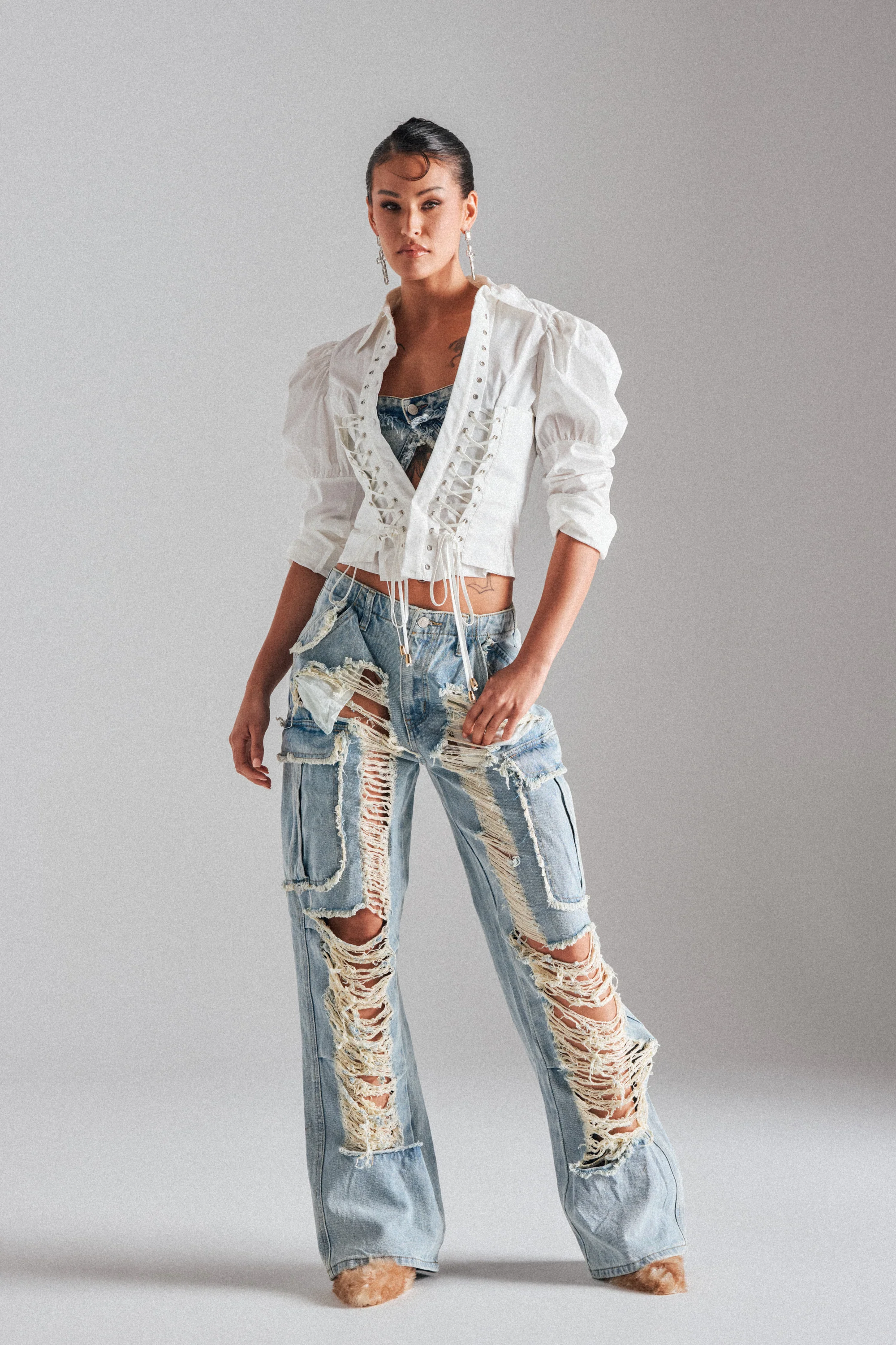 ALMA DISTRESSED DENIM CARGO PANTS - Akira Store