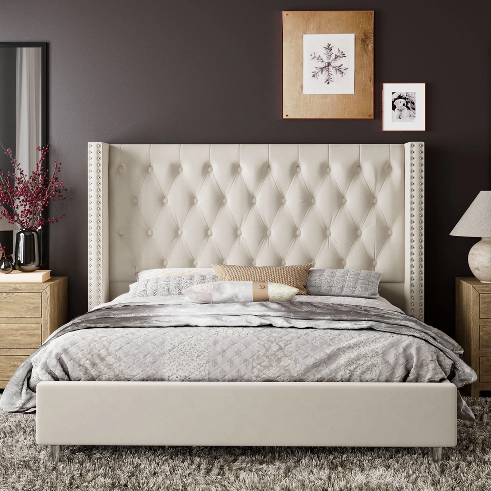 Vanacc Queen Bed Frame Upholstered Bed Wingback Headboard Velvet Tufted Diamond Button/No Box Spring Needed/Easy Assembly/Gray