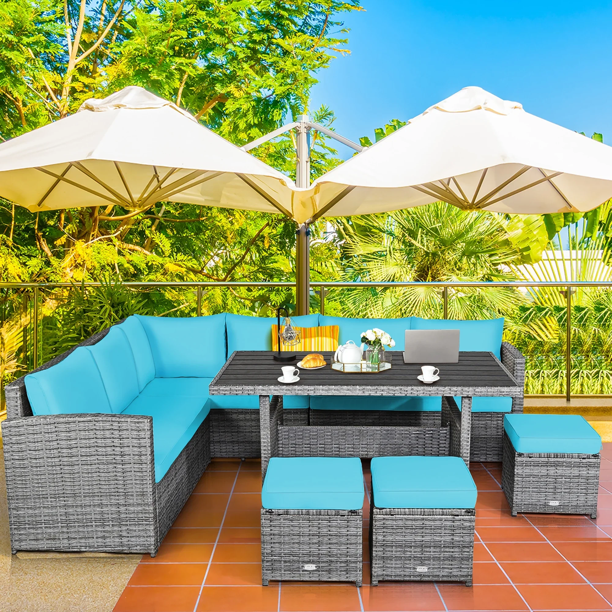 Costway 7 PCS Patio Rattan Dining Set Sectional Sofa Couch Ottoman Garden Red