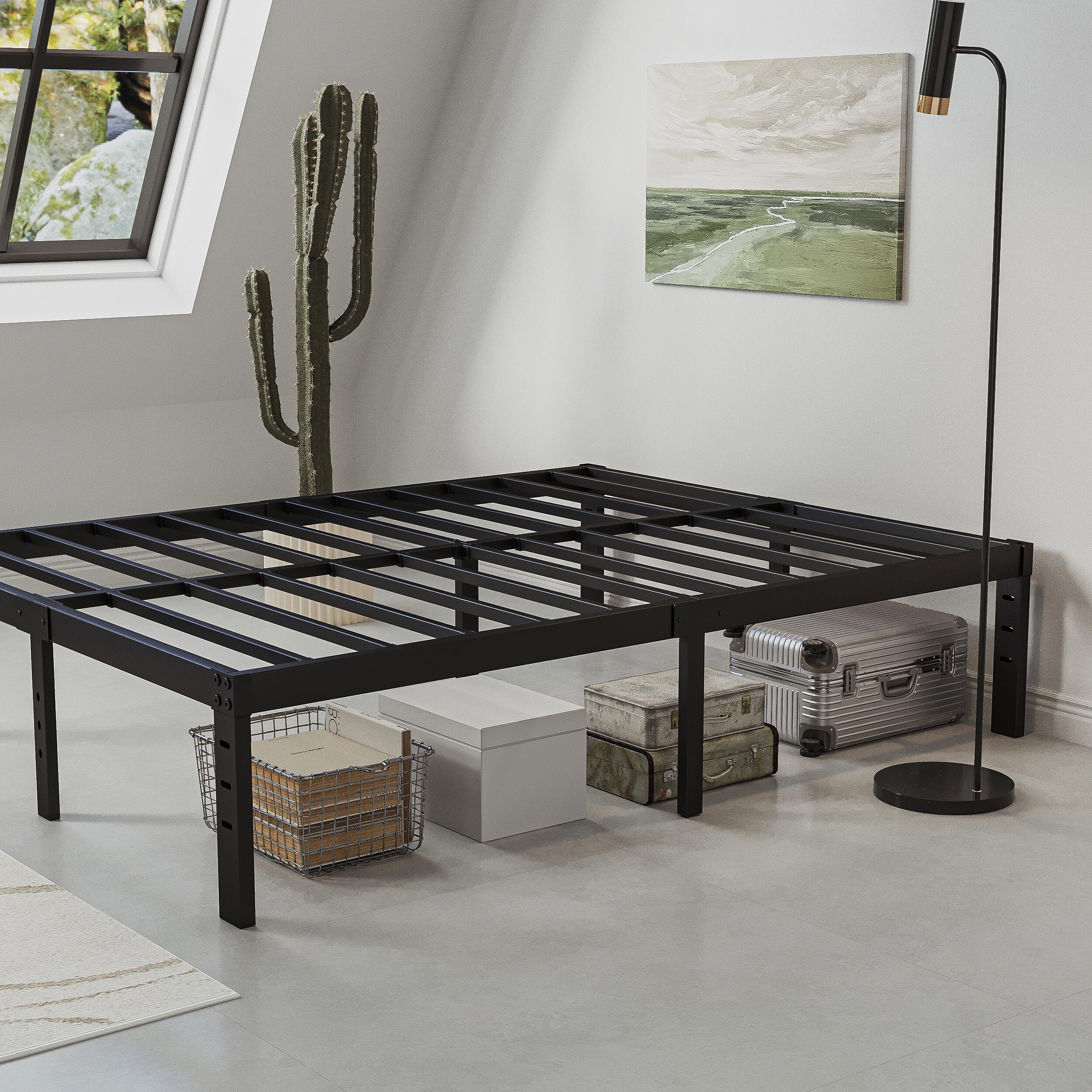 QFTIME 14 Queen Metal Bed Frame with Steel Slats, Heavy Duty Mattress Foundation