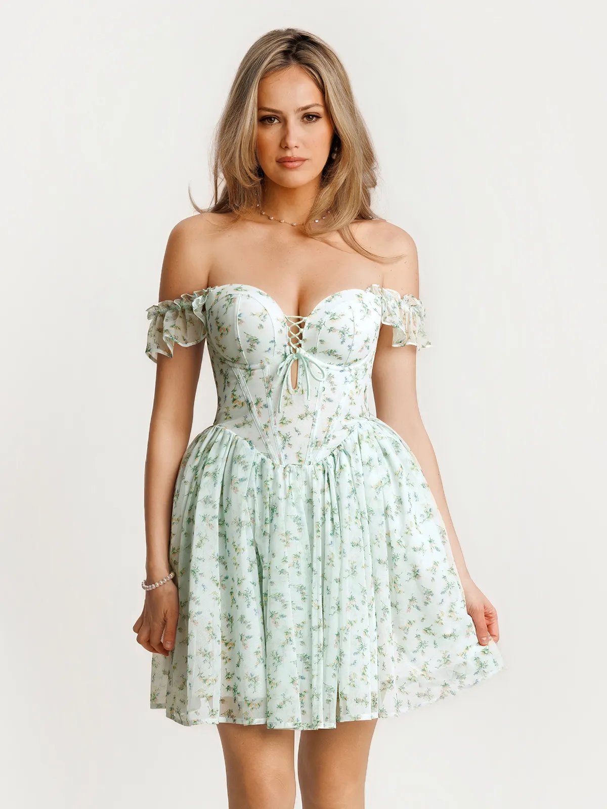 Off-The-Shoulder Sculpting Corset Fit & Flare Mini Dress