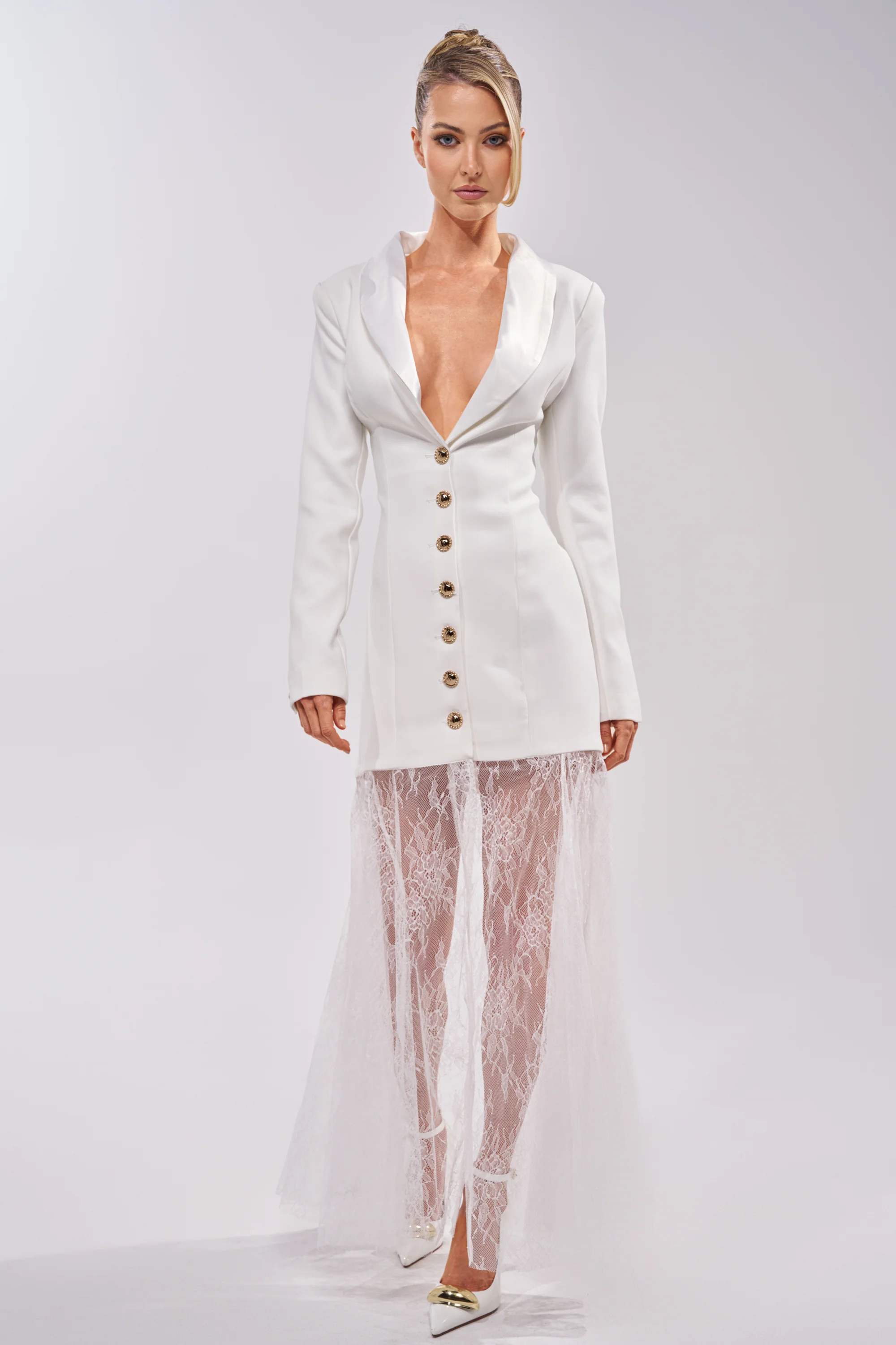 OK BOSS LADY BLAZER MAXI DRESS IN WHITE - Akira Store