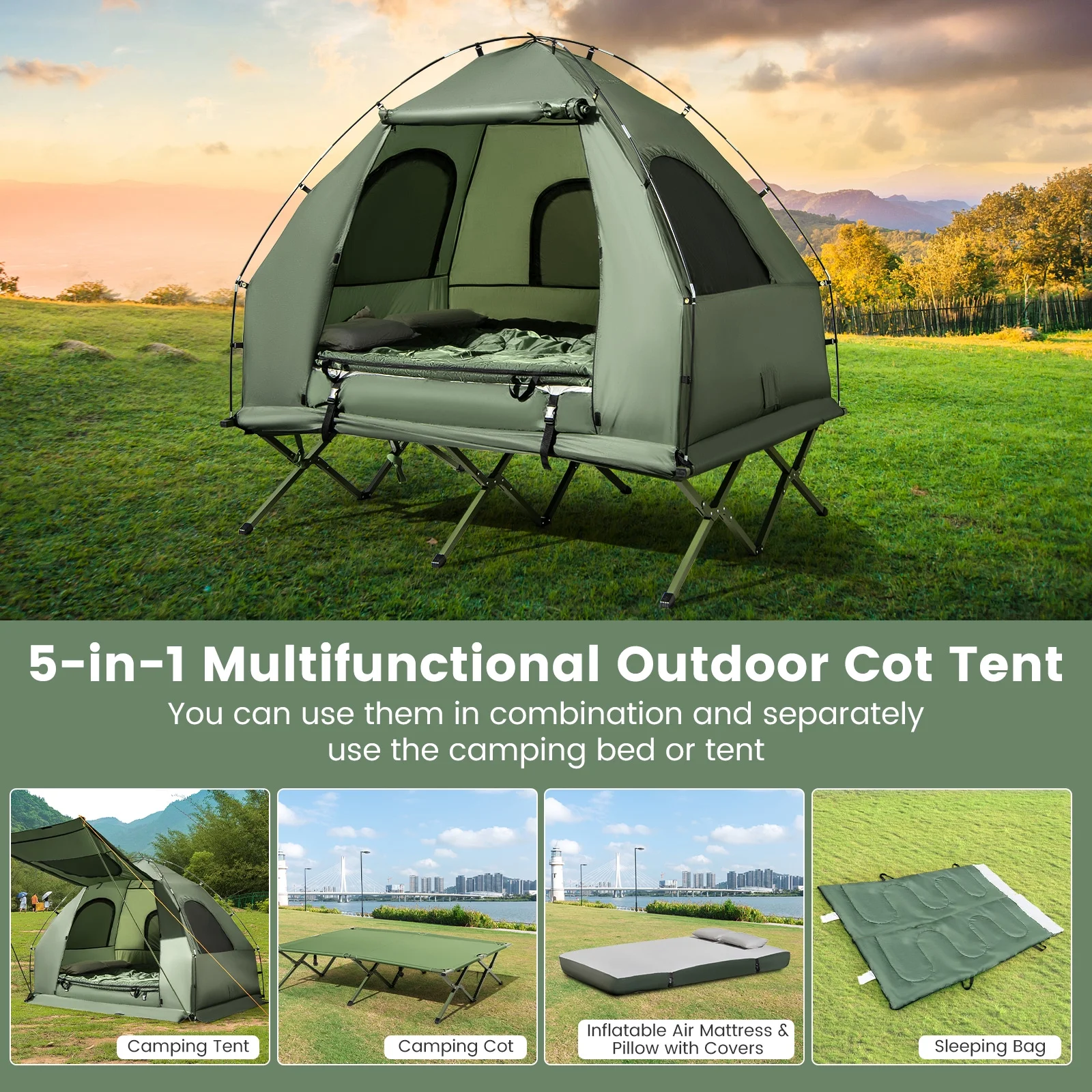 Gymax 2 - Person Camping Tent Cot 5 - in - 1 Folding Camping Bed W/ Air Mattress Pillow Sleeping Bag